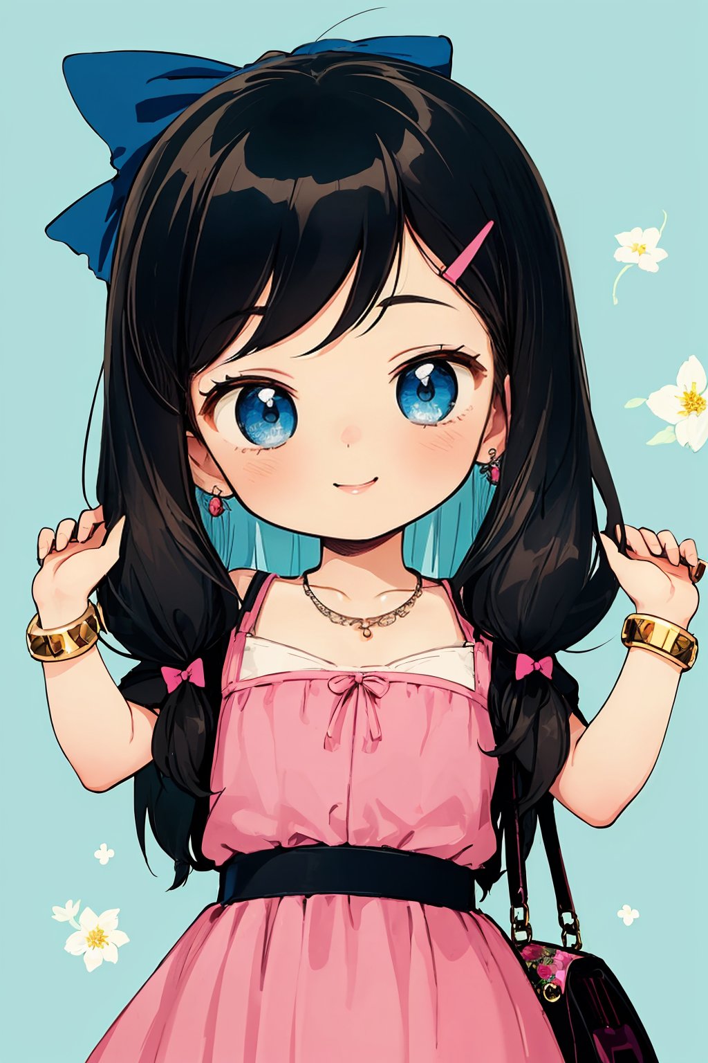 (best quality:1.2), (hyper detailed)
blue eyes, black hair, long hair,(parted bangs:1.2),(slicked back:0.8), smile,
(Loli:1.5), (child:1.5),
Style - Retro Charm

Background - Nostalgic Setting with Vintage Floral Patterns

Subject - Vintage-inspired Fashionista

View - Striking a Playful Pose in a Charming Garden

Appearance - Adorned in a Pink Retro Dress with Flower Accents

Outfit - Vintage Accessories and Cute Hair Accessories

Pose - Playfully Holding a Vintage Handbag

Details - Hair Adorned with a Cute Bow and Colorful Hairpins

Effects - Soft Pink Glow and Whimsical Backdrop

Description - Transport yourself to a world of "Retro Charm" with this delightful character. Dressed in a pink retro dress adorned with intricate flower accents, she embodies a sense of nostalgia and elegance. Her outfit is beautifully complemented by a collection of vintage accessories, including dainty earrings, a classic necklace, and a charming bracelet, all of which add a touch of old-world glamour to her look. To accentuate her playful style, her hair is adorned with a cute bow and colorful hairpins that catch the light as she moves. In a whimsical pose, she playfully holds a vintage handbag, showcasing her love for all things retro. Against a backdrop of vintage floral patterns, the soft pink glow highlights her features and adds to the enchanting atmosphere. This character is the epitome of vintage-inspired fashion, capturing the essence of a bygone era with a modern twist and a touch of cute charm.