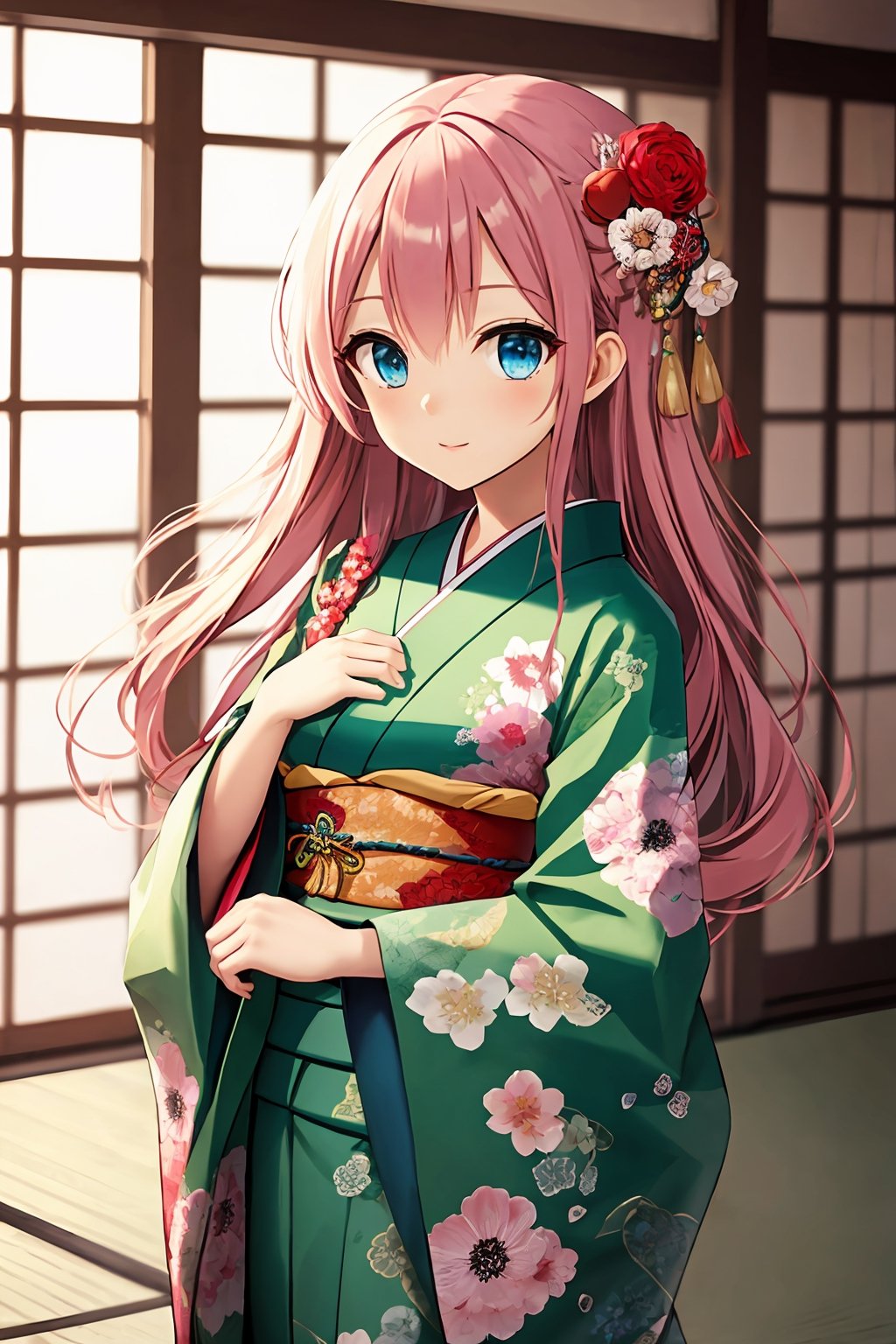 (best quality:1.2), (hyper detailed),

 kayo sudou, blue eyes, pink hair, long hair, BREAK flower, flowes, green sash, hair ornament, japanese clothes, kimono, obi, red kimono, sash, BREAK cowboy shot, looking at viewer, BREAK indoors,