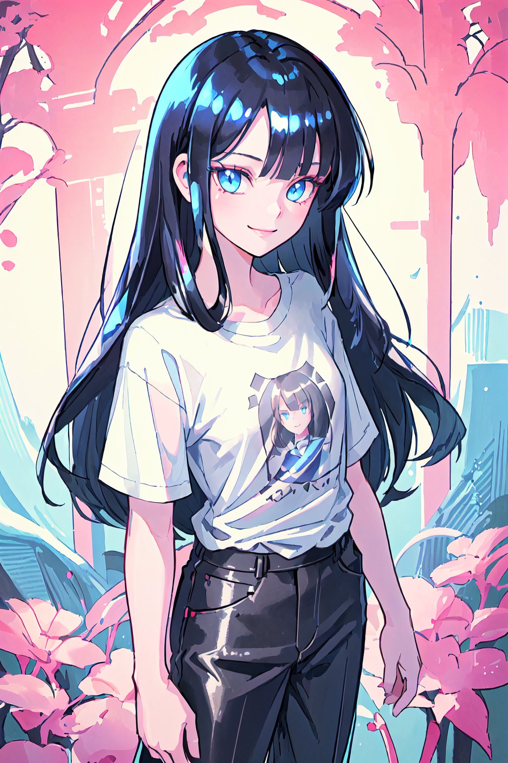 (best quality:1.2), (hyper detailed)
blue eyes, black hair, long hair,(parted bangs:1.2),(slicked back:0.8), smile,

(the shirt with "hello" written:1.2) ,alice_margatroid,fringe, (earlyteen:1.2),overhead shot angle,standing,(masterpiece), (best quality), (shiny skin:1.2), curious face, straight hair, pants, t-shirt,
