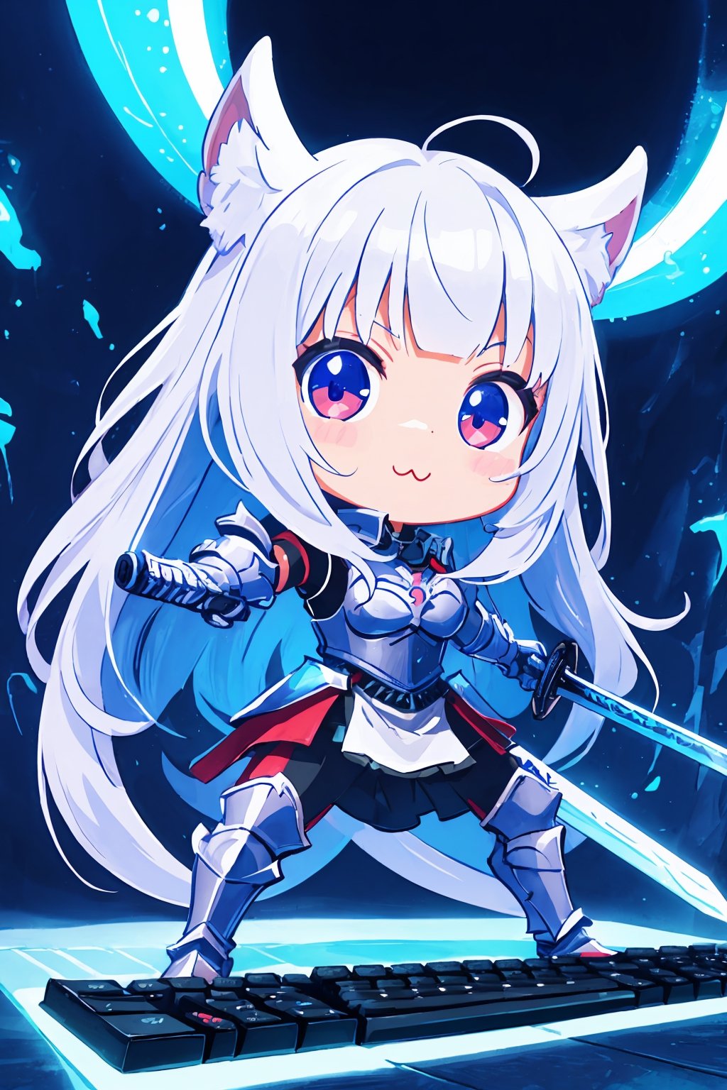 (best quality:1.2), (hyper detailed),

highres,best quality,photo,natural, kawaii chibi, game armor, keyboard sword, glowingrunesai