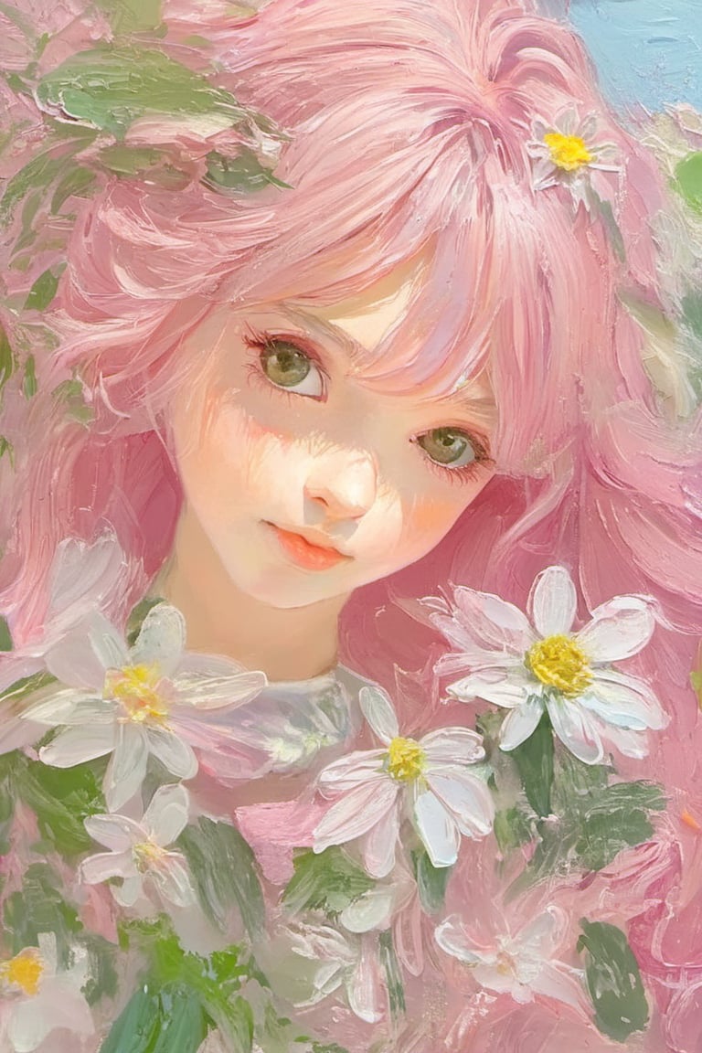 (Animation style:1.1),(1girl:1.3),solo,loli,long_hair,artistic oil painting stick,rough,(uneven),(embossment),light_pink_hair,portrait,(flower:0.3)