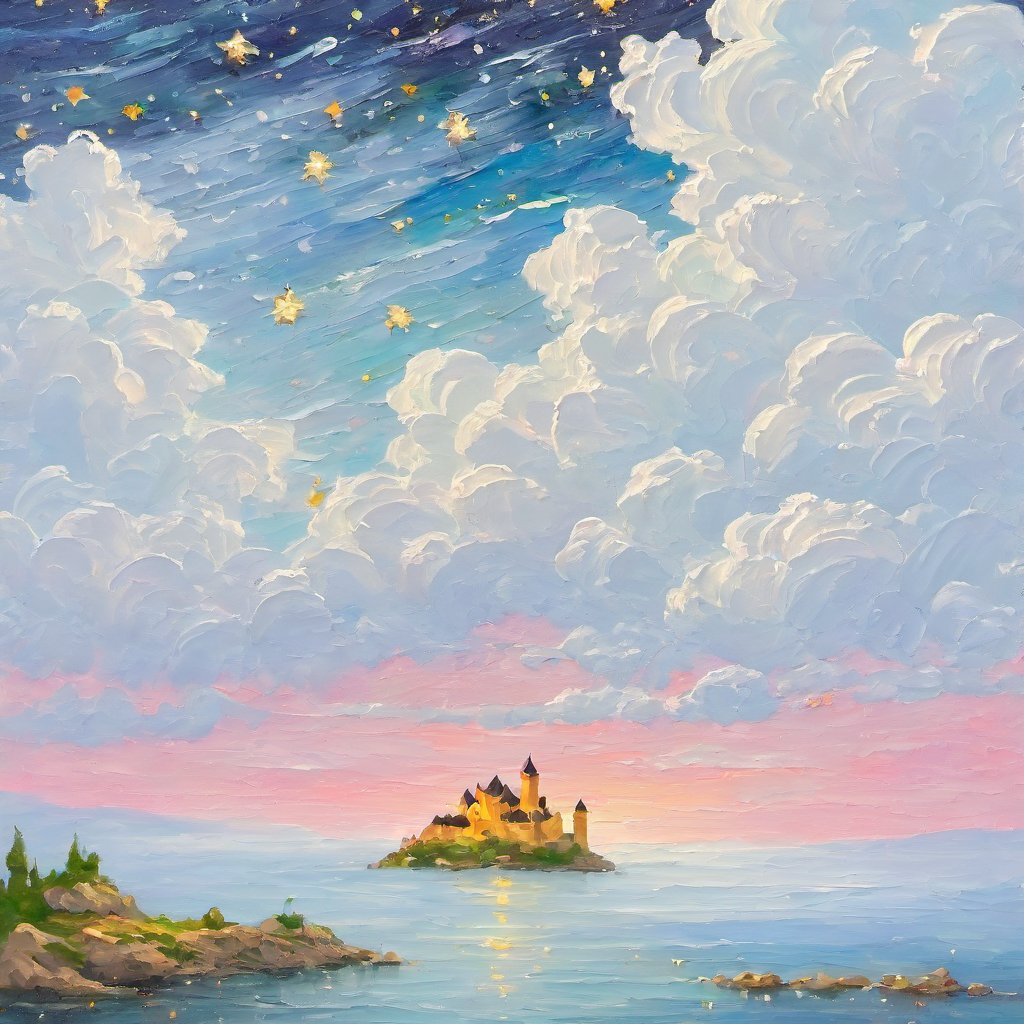 artistic oil painting stick,white clouds, galaxies,starry sky
,(castle:1.5),sea,rough,(uneven),embossment,rose