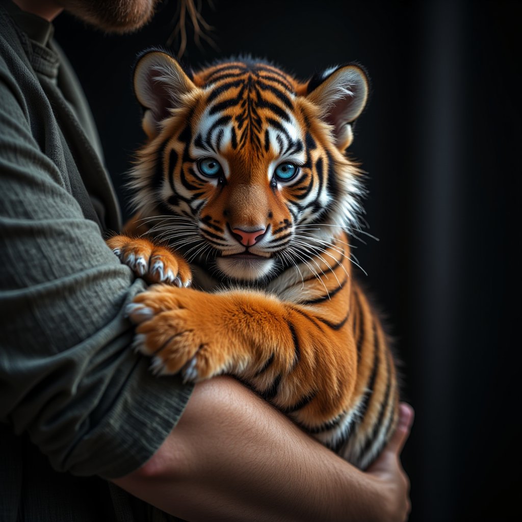 realistic photo ,A little tiger tightly hugs a person's arm with its paws,Midjourney_Whisper