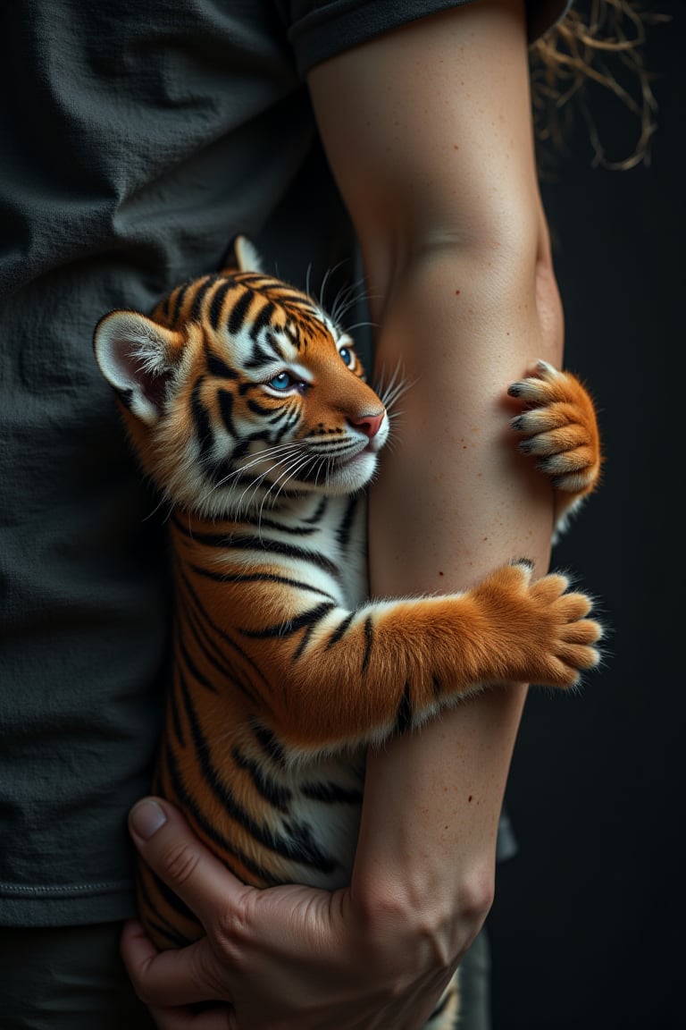 realistic photo ,A little tiger tightly wraps its paws around a person's sagging arm,Midjourney_Whisper