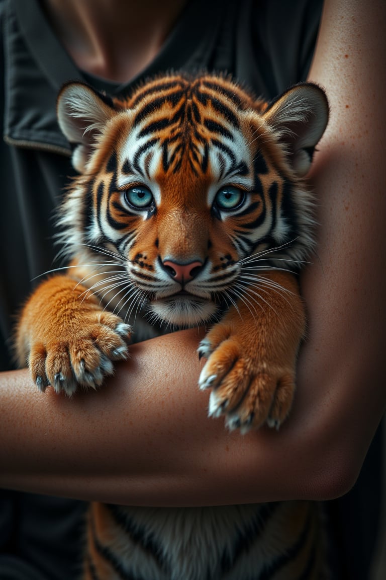 realistic photo ,A little tiger tightly hugs a person's arm with its paws,Midjourney_Whisper