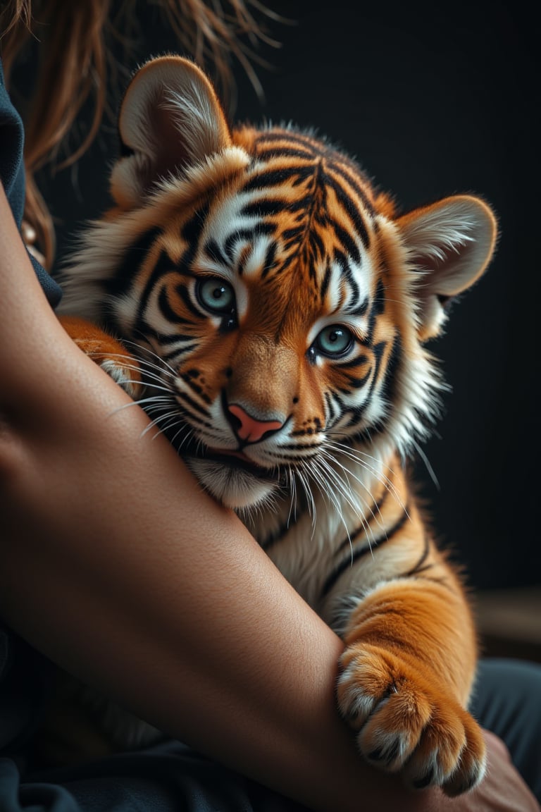 realistic photo ,A little tiger tightly hugs a person's sagging arm with its paws,Midjourney_Whisper