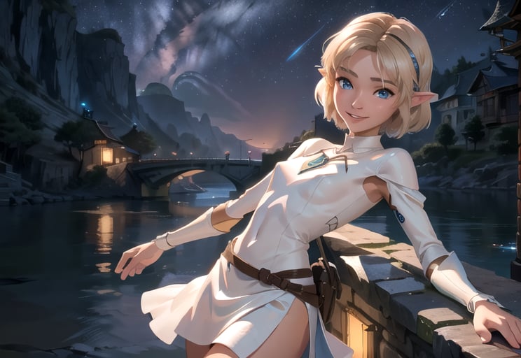 Futuristic, Zelda beautiful, smiling, Short hair, nude, topless, breasts, white skirt, Night, fantasy town, bridges and river, romantic lights.