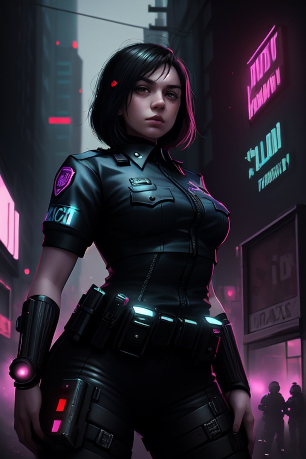 anamr in sexy police riot gear in a cyberpunk city