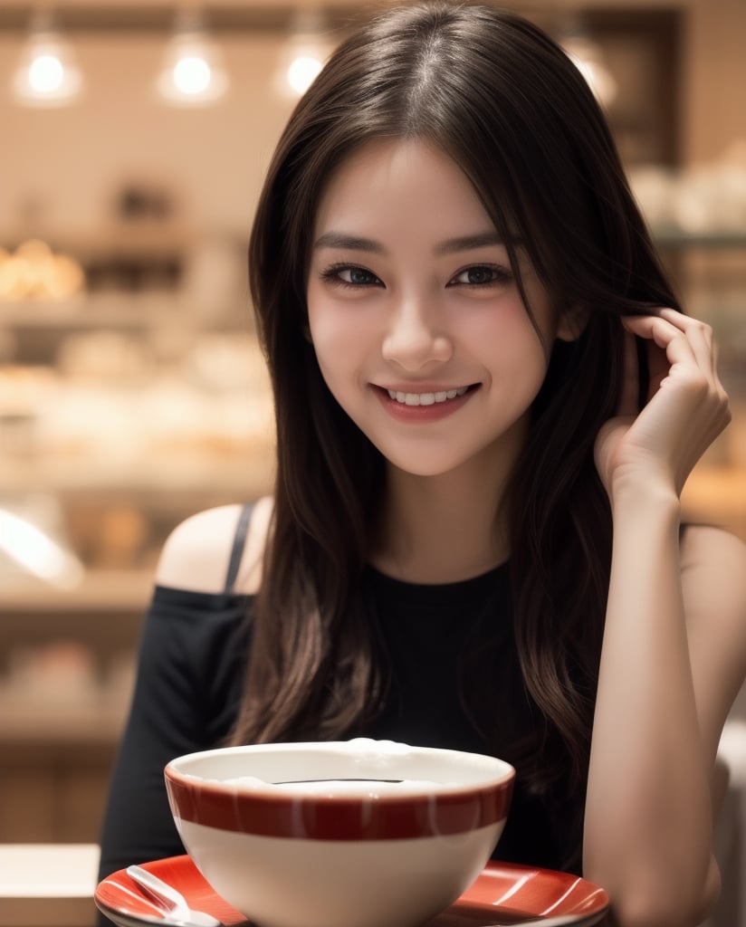 photorealistic, masterpiece, best quality, original photo, super detailed, masterpiece, best quality, 1 girl, very bright backlight, (beautiful delicate brown eyes), snow falling outside coffee shop window, glutinous rice balls, detailed background, color Light bulb depth of field, ((Holding a bowl of red and white glutinous rice balls)), natural soft light, exquisite facial features, air bangs, beautiful Korean girl, smiling eyes,