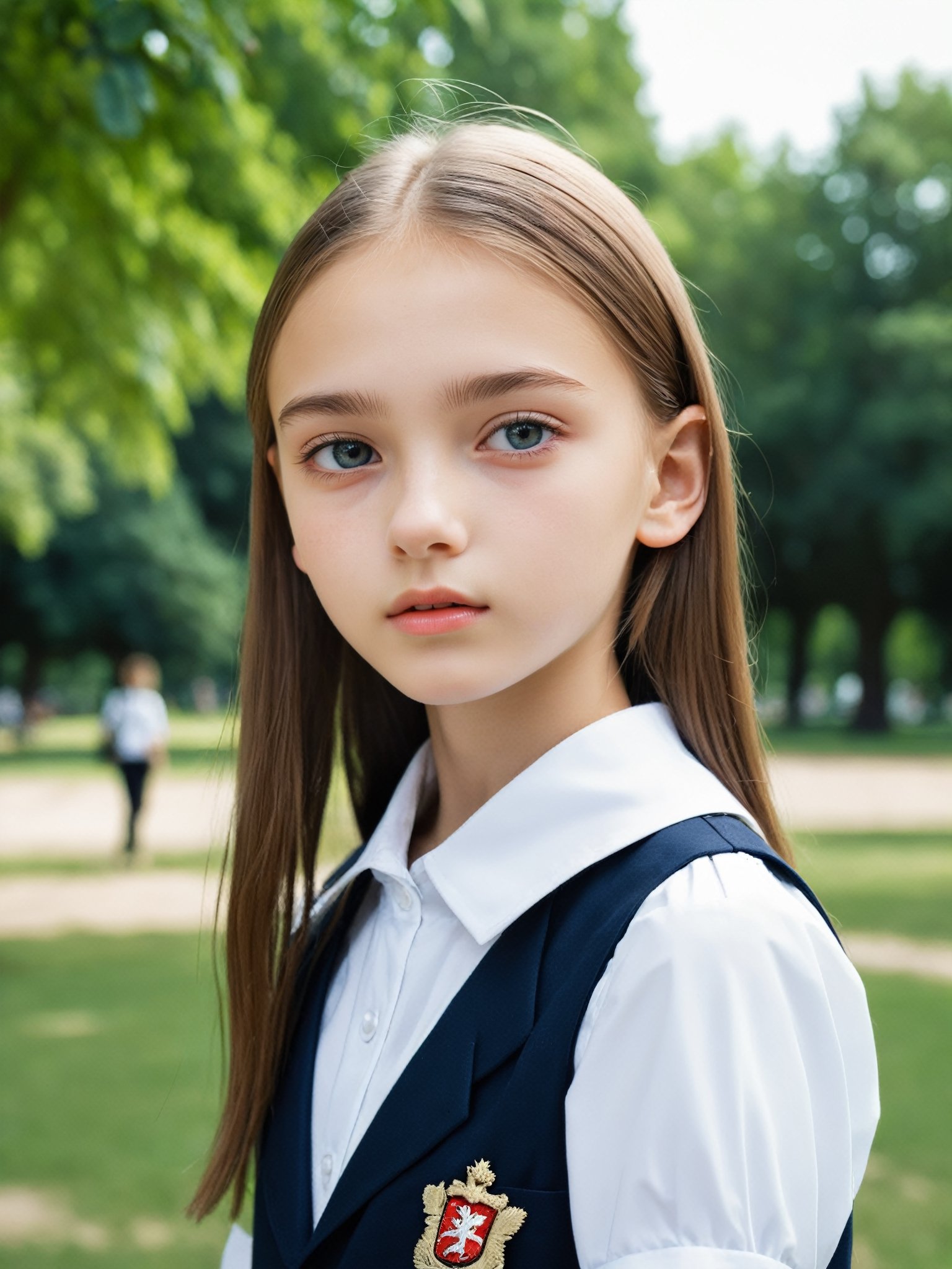 a half-body portrait photo of a Russian fashion model, (age 12-15:1.2), (dynamic pose:1.3), upper body, close up, gorgeous face, highly detailed face, smooth soft skin, looking at viewer, (from side:0.9), make up, (pubescent girl, short girl, slender girl, very thin:1.2), (summer school uniform:1.1), (outdoors, in deserted park, in the morning, dark background:1.4),

More Reasonable Details,