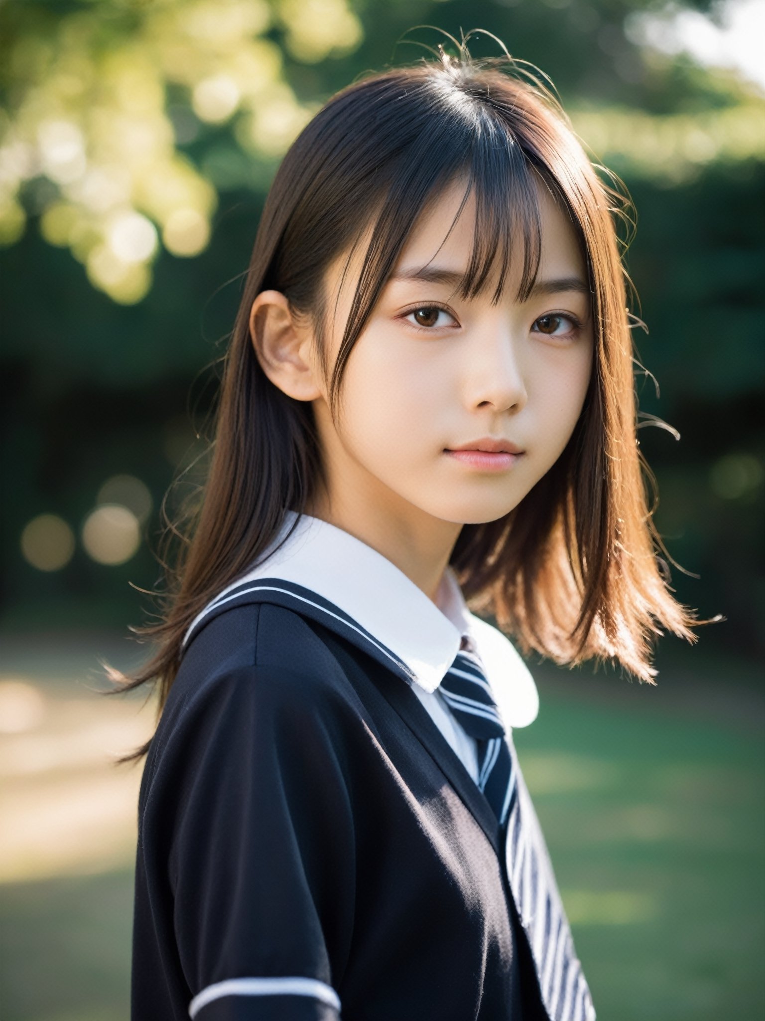 a half-body portrait photo of a Japanese fashion model, (age 12-15:2), (dynamic pose:1.3), upper body, close up, gorgeous face, highly detailed face, smooth soft skin, looking at viewer, (from side:0.9), make up, (pubescent girl, short girl, slender girl, very thin:1.2), (summer school uniform:1.1), (outdoors, in deserted park, in the morning, dark background:1.4)