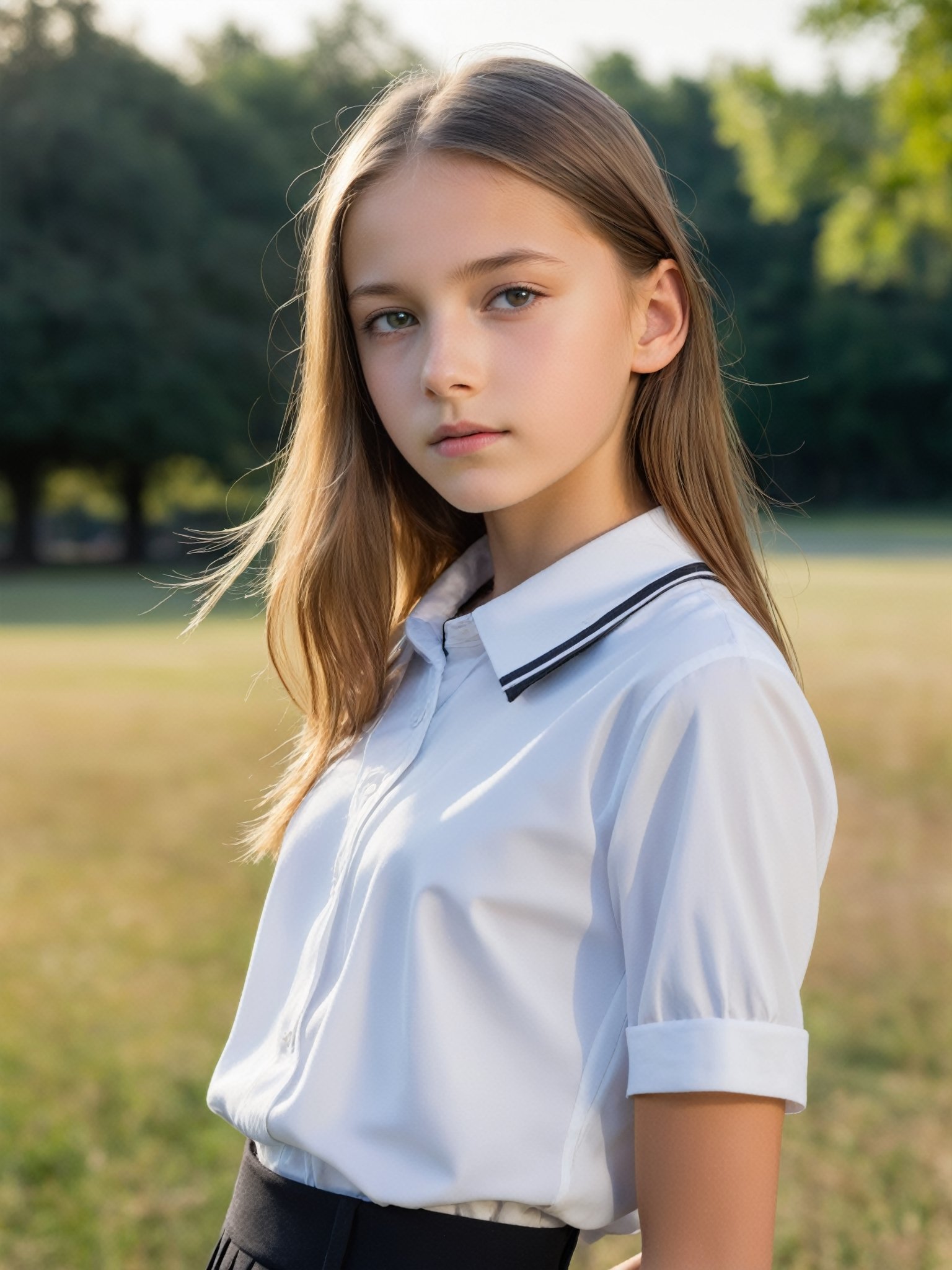 a half-body portrait photo of a German fashion model, (age 12-15:2), (dynamic pose:1.3), upper body, close up, gorgeous face, highly detailed face, smooth soft skin, looking at viewer, (from side:0.9), make up, (pubescent girl, short girl, slender girl, very thin:1.2), (summer school uniform:1.1), (outdoors, in deserted park, in the morning, dark background:1.4)