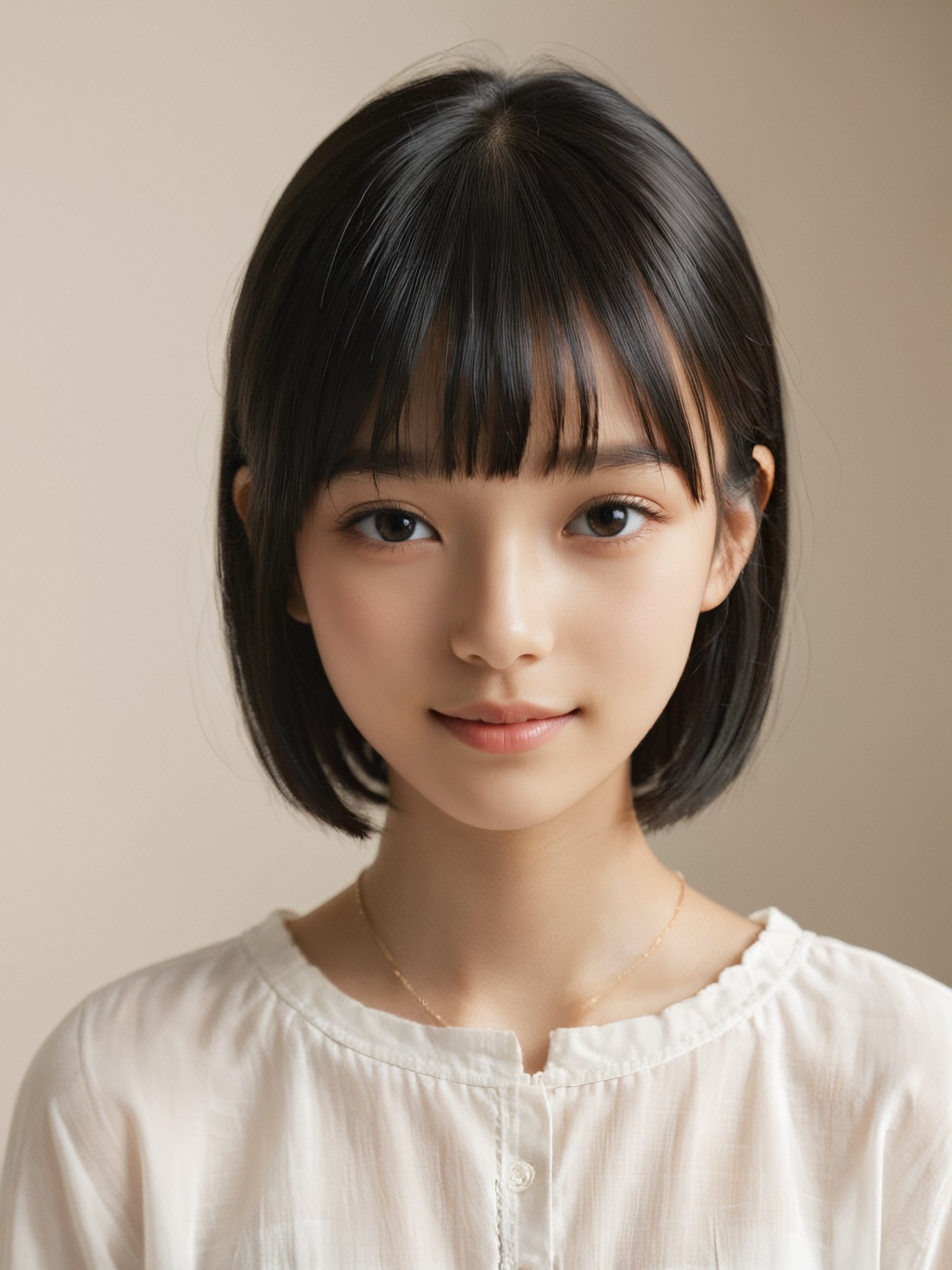 A photorealistic digital portrait of a fashion model with short, straight black hair, bangs, and a side part. (Age 15-17:1.8). She has a gentle smile, light makeup, and is wearing a white shirt. The background is soft-focused with a neutral color palette, emphasizing the subject. The lighting is soft and diffused, highlighting her features and giving the image a warm, inviting atmosphere.

More Reasonable Details,aesthetic portrait,FilmGirl,hubggirl