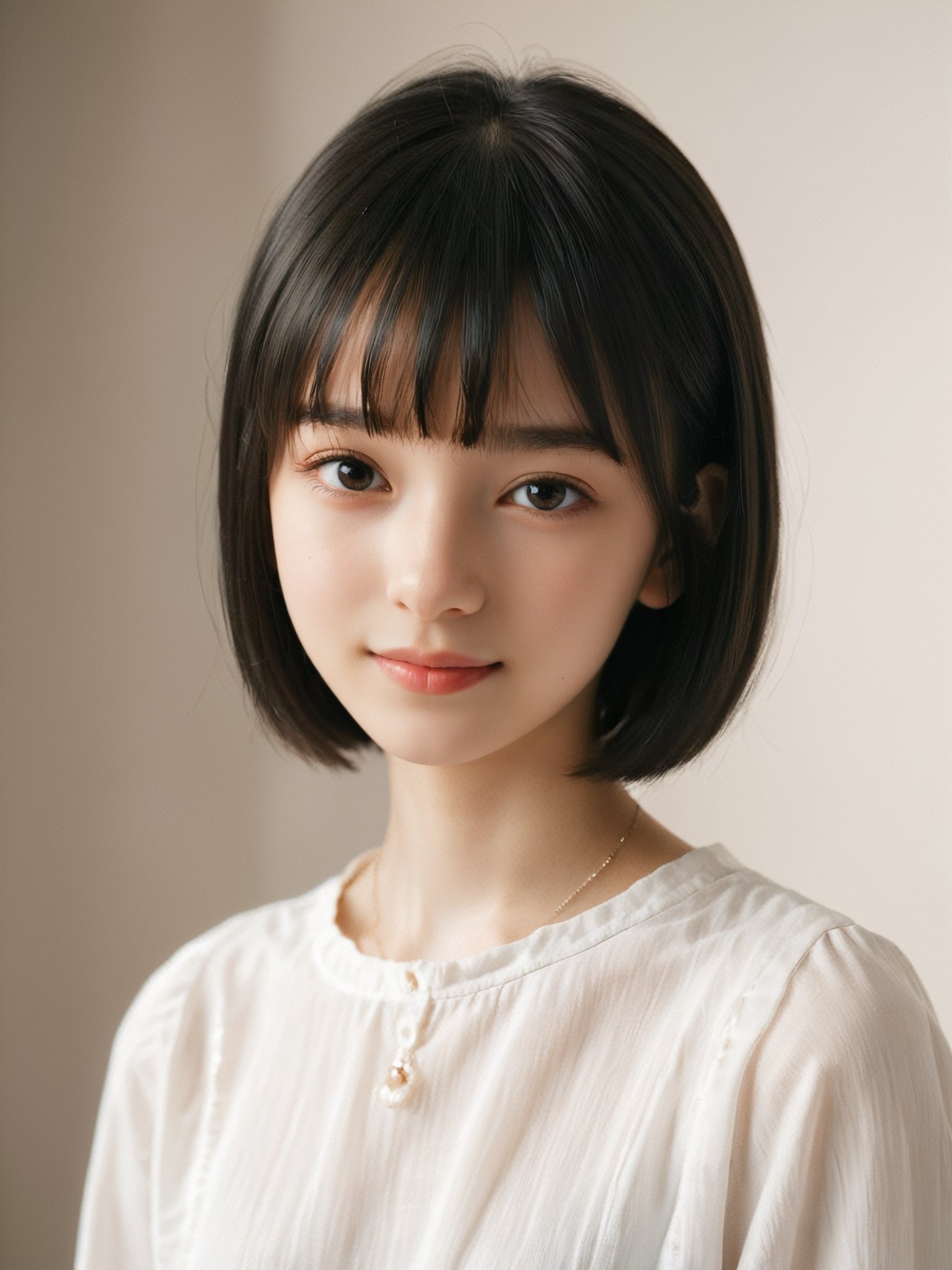 A photorealistic digital portrait of a Russian girl with short, straight black hair, bangs, and a side part. (Age 15-17:1.8). She has a gentle smile, light makeup, and is wearing a white shirt. The background is soft-focused with a neutral color palette, emphasizing the subject. The lighting is soft and diffused, highlighting her features and giving the image a warm, inviting atmosphere.

More Reasonable Details,aesthetic portrait,FilmGirl,hubggirl