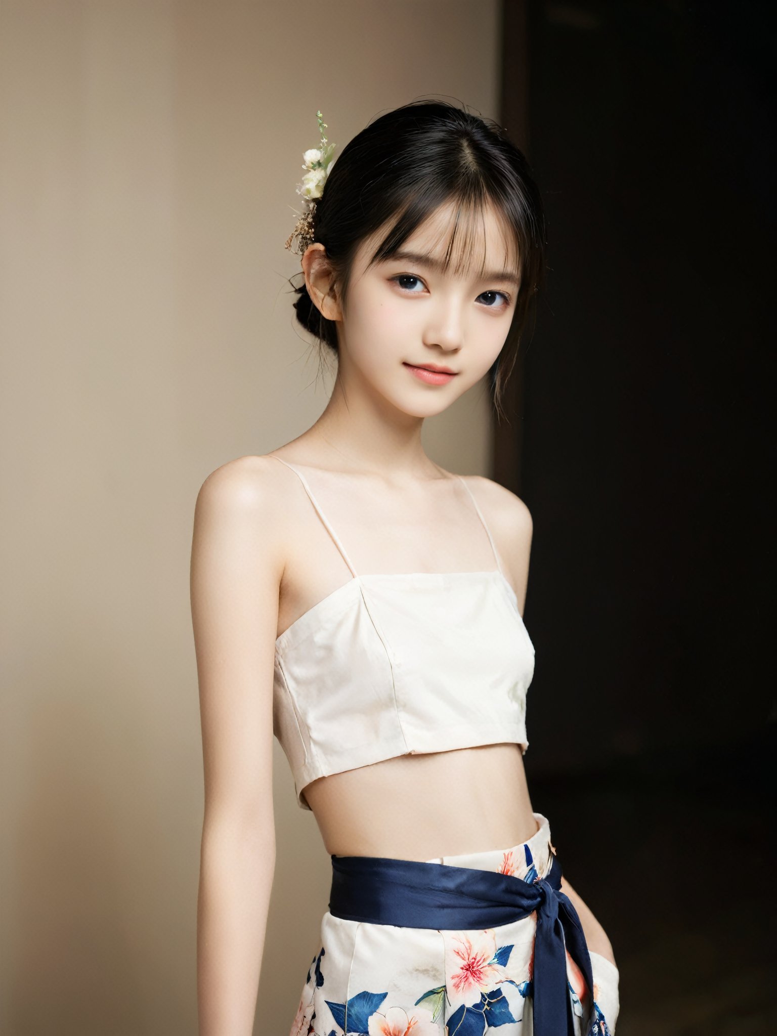 A photorealistic analog portrait of a young fashion model. (age 13-15, preteen girl, pretty girl:1.8). (nude, naked body, no public hair:1.6), (slender girl, skinny body, very thin, immature body:1.3), She has a gentle smile, light makeup, and is (wearing an erotic dark yukata:1.3). (beautiful hairstyle, black hair, bob haircut:1.2), (high heels, runway walking, dancing:0.8),(midriff, navel, bare shoulders, bare breasts:1.7), The background is soft-focused with a neutral color palette, emphasizing the subject. The lighting is soft and diffused, highlighting her features and giving the image a warm, inviting atmosphere. (blank background, deserted place:1.7)

More Reasonable Details,aesthetic portrait,FilmGirl,hubggirl,more detail XL,More Reasonable Details