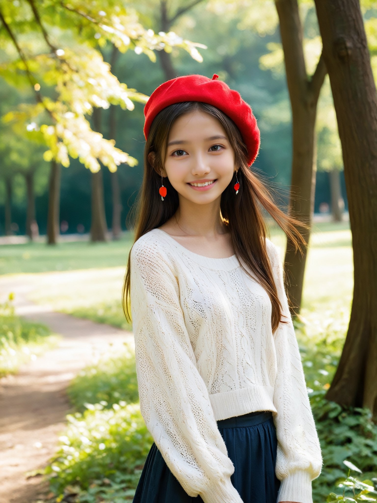 Imagine a young girl, aged between 14 and 17, with long flowing hair cascading down her back. She has a bright and infectious smile on her face, radiating warmth and joy. The girl is slender with a skinny body and very thin frame, but she carries herself with confidence and grace. 

She is standing alone in a deserted park, surrounded by nature's tranquility. The park is located outdoors, with lush greenery and towering trees providing a serene backdrop. The girl is dressed in a cozy white sweater that hugs her slim figure, complemented by a vibrant red fur-beret perched on top of her head. She accessorizes with delicate ear rings that catch the sunlight and sparkle with every movement.

The atmosphere in the park is calm and peaceful, with a gentle breeze rustling the leaves and birds chirping in the distance. The girl seems to be lost in her own thoughts, enjoying the solitude and the beauty of the surroundings. Despite being alone, she exudes a sense of contentment and inner peace, as if she has found a sanctuary in this deserted park.

This scene captures the essence of a young girl's innocence and resilience, as she navigates the complexities of adolescence with a smile on her face and a hopeful heart. The combination of her youthful appearance, the serene outdoor setting, and her stylish yet understated outfit creates a visually captivating image that evokes a sense of tranquility and wonder.
,More Reasonable Details, more detail XL, FilmGirl