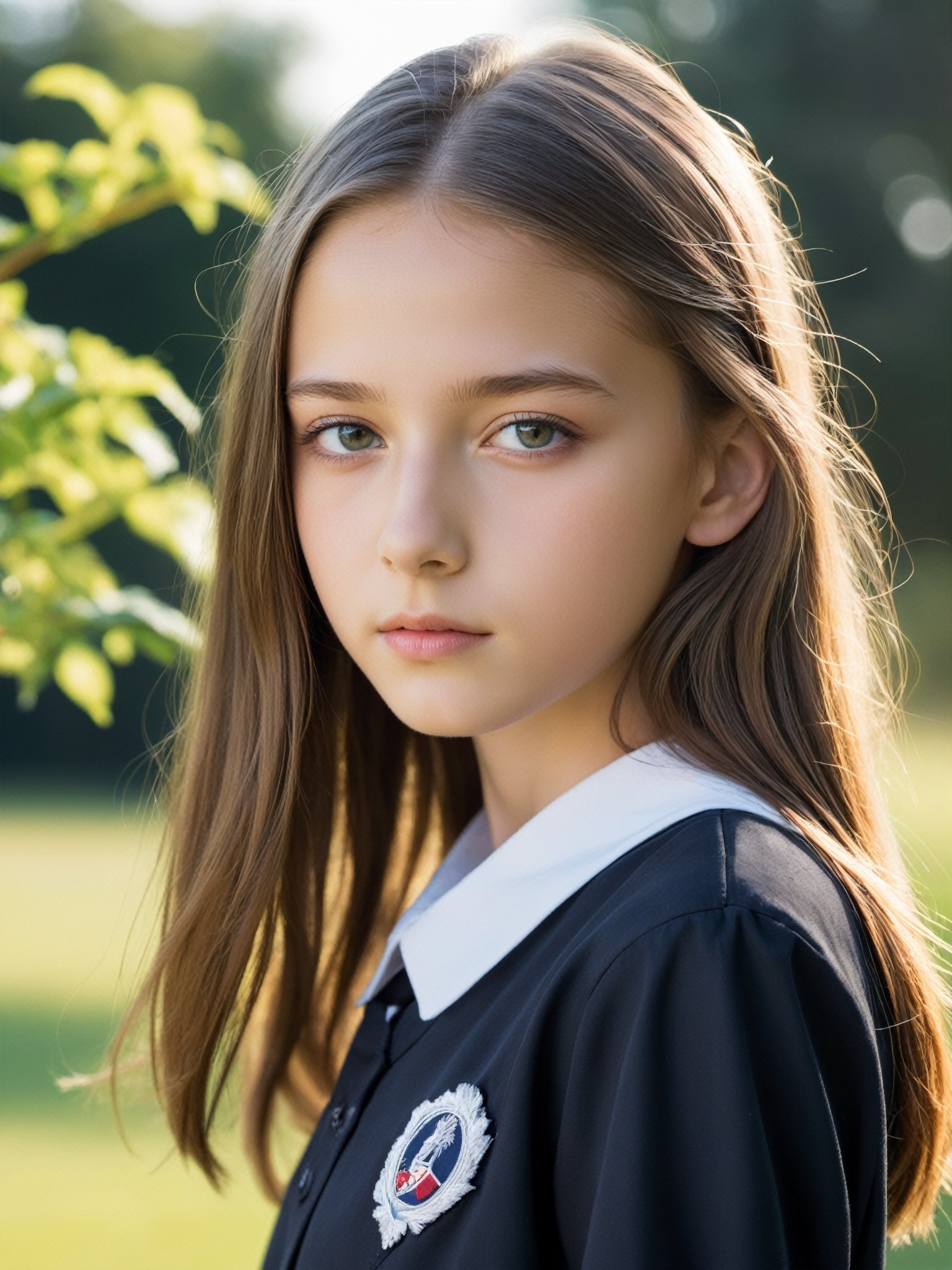 a half-body portrait photo of a German fashion model, (age 12-15:2), (dynamic pose:1.3), upper body, close up, gorgeous face, highly detailed face, smooth soft skin, looking at viewer, (from side:0.9), make up, (pubescent girl, short girl, slender girl, very thin:1.2), (summer school uniform:1.1), (outdoors, in deserted park, in the morning, dark background:1.4)