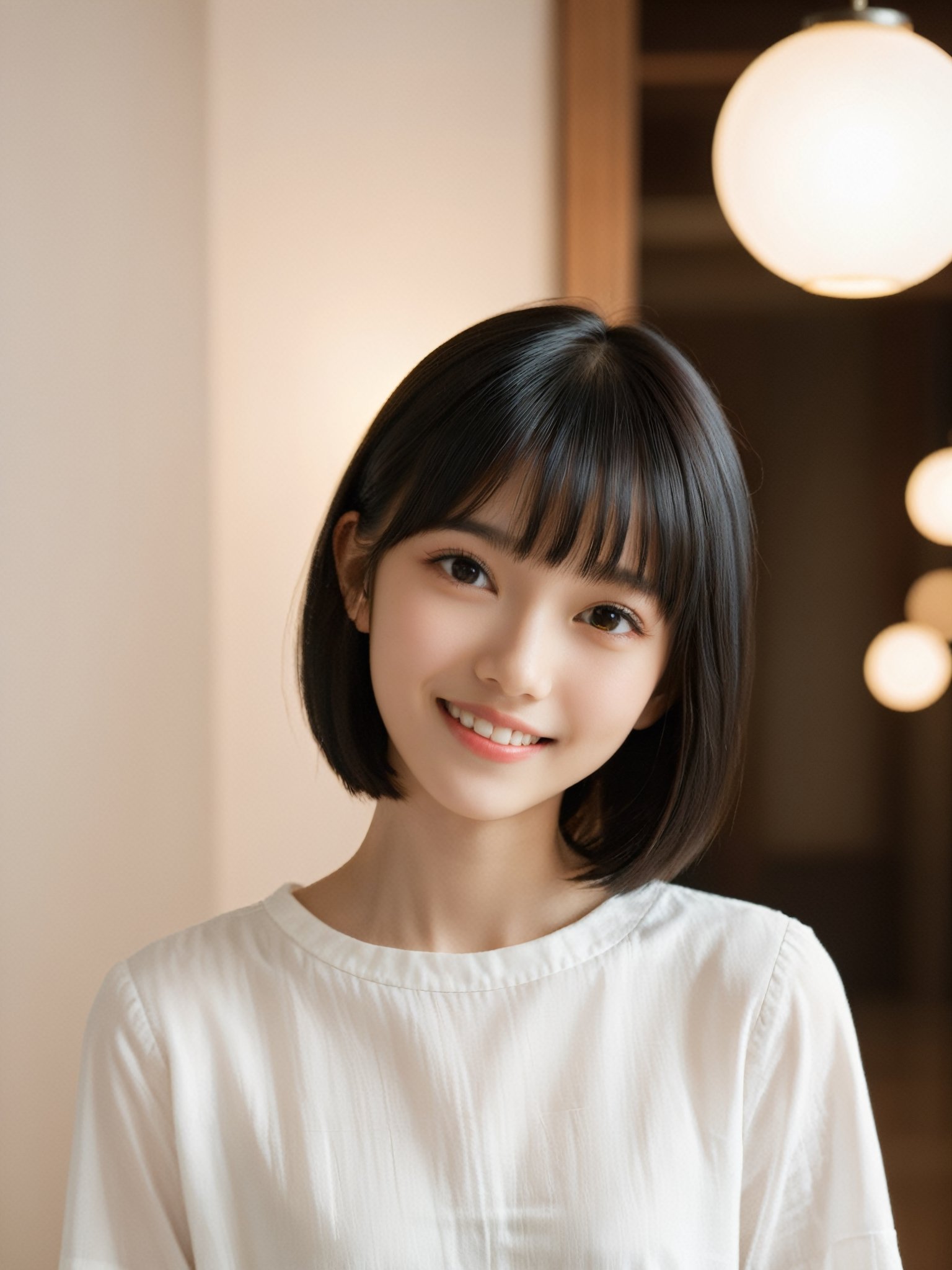 A photorealistic digital portrait of a young girl with short, straight black hair, bangs, and a side part. She has a gentle smile, light makeup, and is wearing a white shirt. The background is soft-focused with a neutral color palette, emphasizing the subject. The lighting is soft and diffused, highlighting her features and giving the image a warm, inviting atmosphere.

More Reasonable Details,aesthetic portrait,FilmGirl,hubggirl