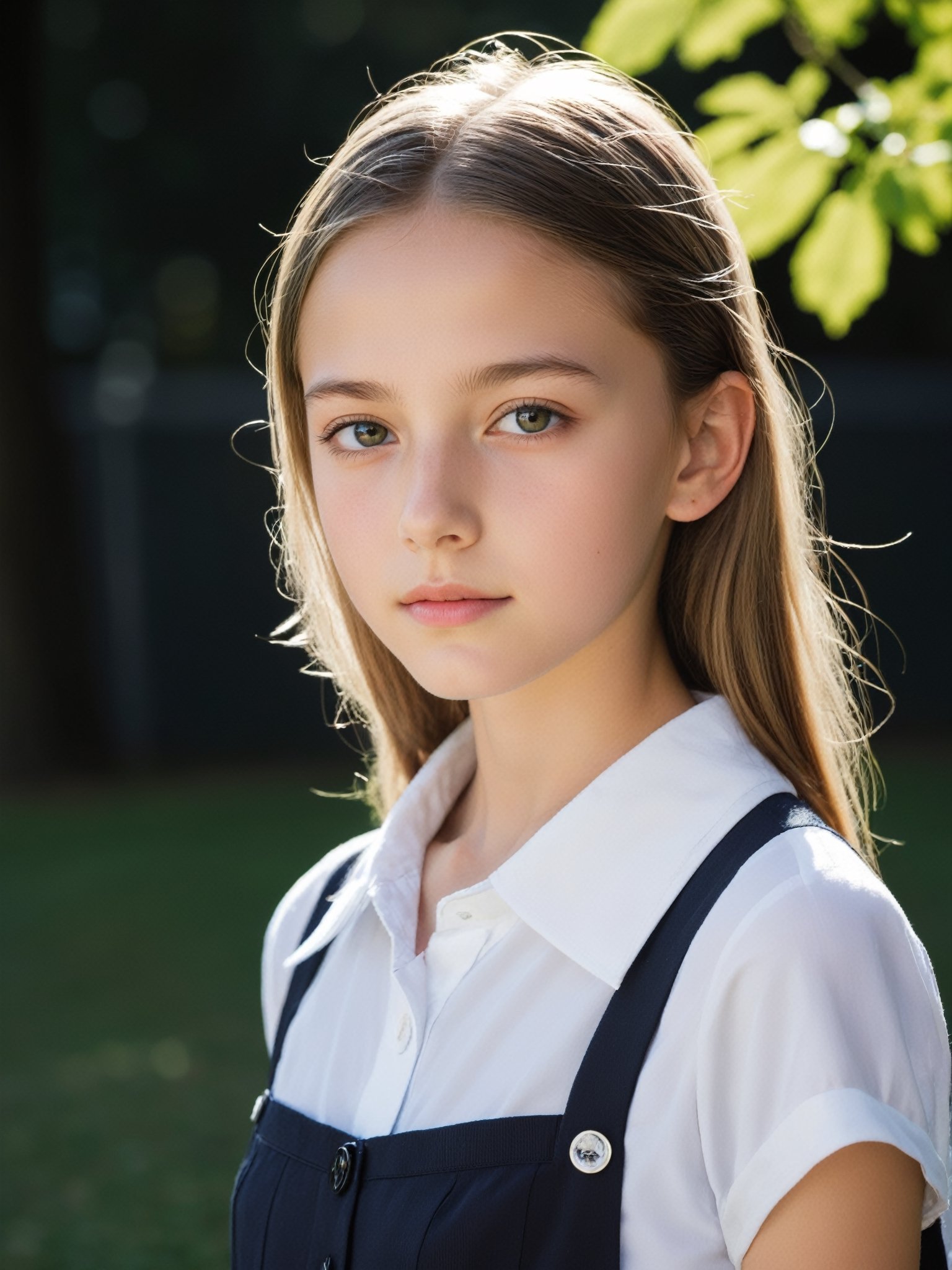 a half-body portrait photo of a German fashion model, (age 12-15:2), (dynamic pose:1.3), upper body, close up, gorgeous face, highly detailed face, smooth soft skin, looking at viewer, (from side:0.9), make up, (pubescent girl, short girl, slender girl, very thin:1.2), (summer school uniform:1.1), (outdoors, in deserted park, in the morning, dark background:1.4)