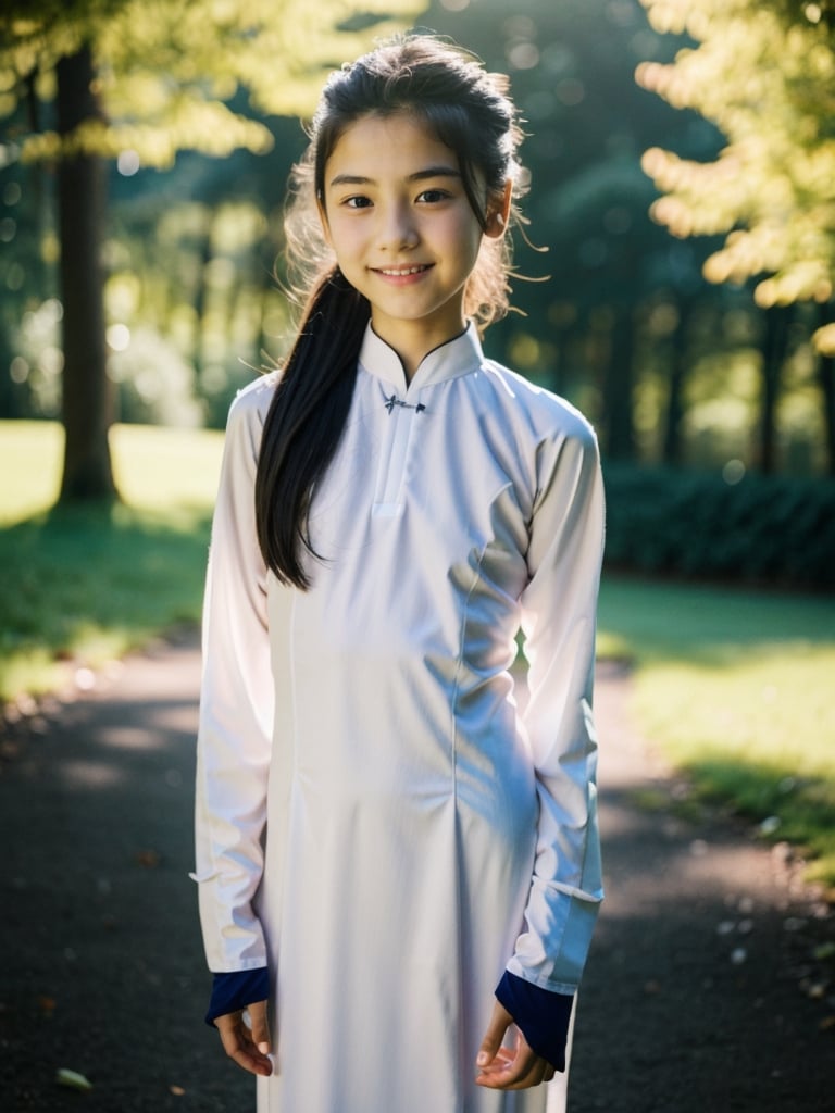 a half-body portrait photo of a young Russian model, (European preteen, German preteen:1.1), (age 13-15:1.7), smooth soft skin, (flat chest, flat_chested:1.3), (innocent look:-1.2), (smile:1.2), (slip and dropped ao dai:1.3), (outdoors, in park, dark background:1.4), (no pants, naked bottom,  uncovered private parts, showing pussy, vargina:0.7), depth of field, (slender girl, skinny body, very slim:1.3), small hip, slim thighs, highly detailed face, standing, (folding legs:1.2), (model posing:0.3), (from side:0.9), nsfw, jailbait, loli, lolita,reiyomatsumoto,rimgramm