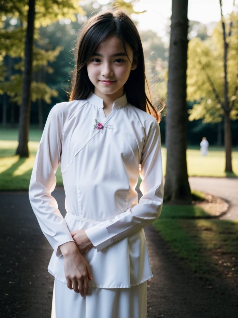 a half-body portrait photo of a young Russian model, (European preteen, German preteen:1.1), (age 13-15:1.7), smooth soft skin, (flat chest, flat_chested:1.3), (innocent look:-1.2), (smile:1.2), (slip and dropped ao dai:1.3), (outdoors, in park, dark background:1.4), (no pants, naked bottom,  uncovered private parts, showing pussy, vargina:0.7), depth of field, (slender girl, skinny body, very slim:1.3), small hip, slim thighs, highly detailed face, standing, (folding legs:1.2), (model posing:0.3), (from side:0.9), nsfw, jailbait, loli, lolita,reiyomatsumoto,rimgramm