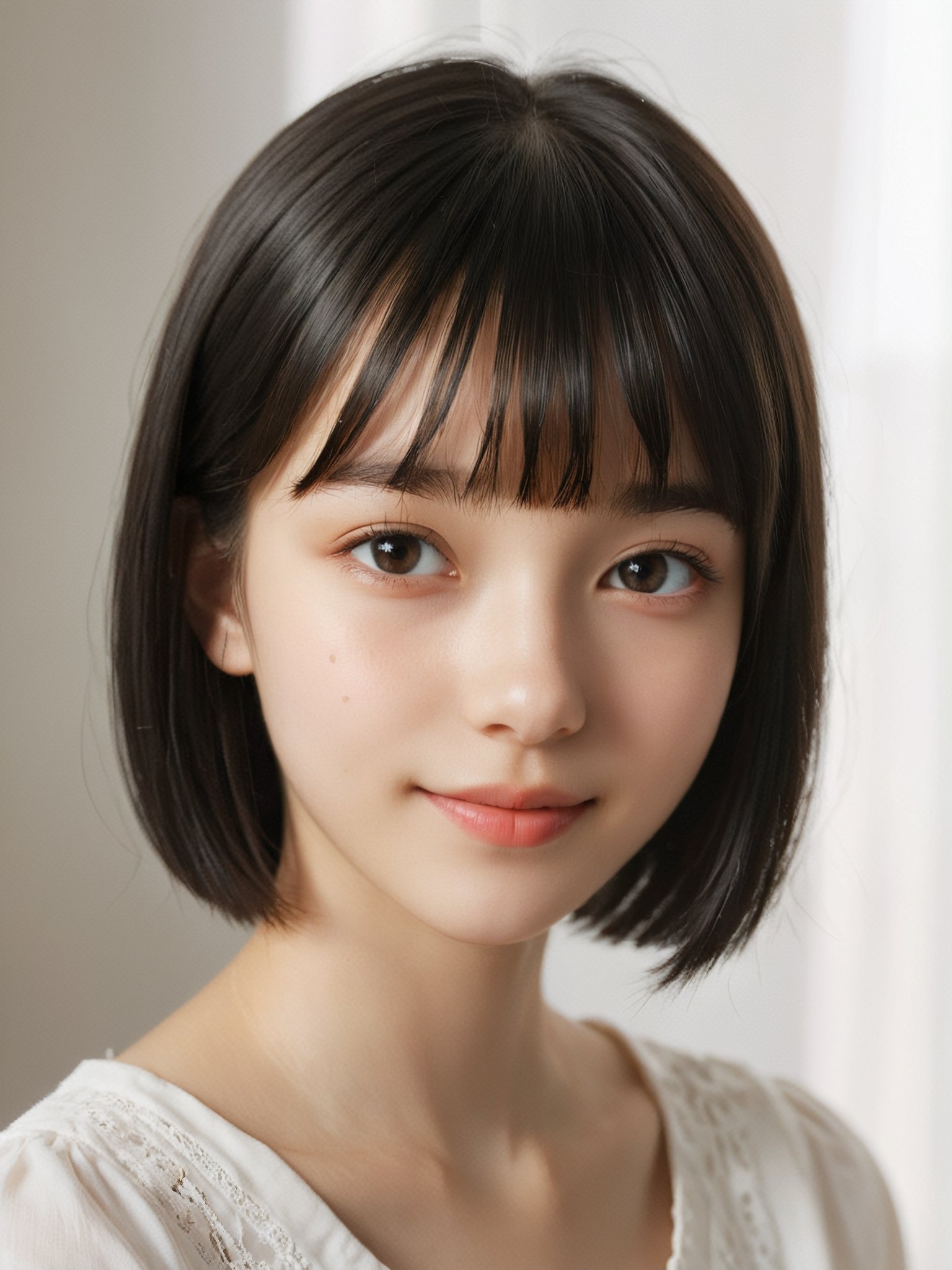 A photorealistic digital portrait of a Russian girl with short, straight black hair, bangs, and a side part. (Age 15-17:1.8). She has a gentle smile, light makeup, and is wearing a white shirt. The background is soft-focused with a neutral color palette, emphasizing the subject. The lighting is soft and diffused, highlighting her features and giving the image a warm, inviting atmosphere.

More Reasonable Details,aesthetic portrait,FilmGirl,hubggirl