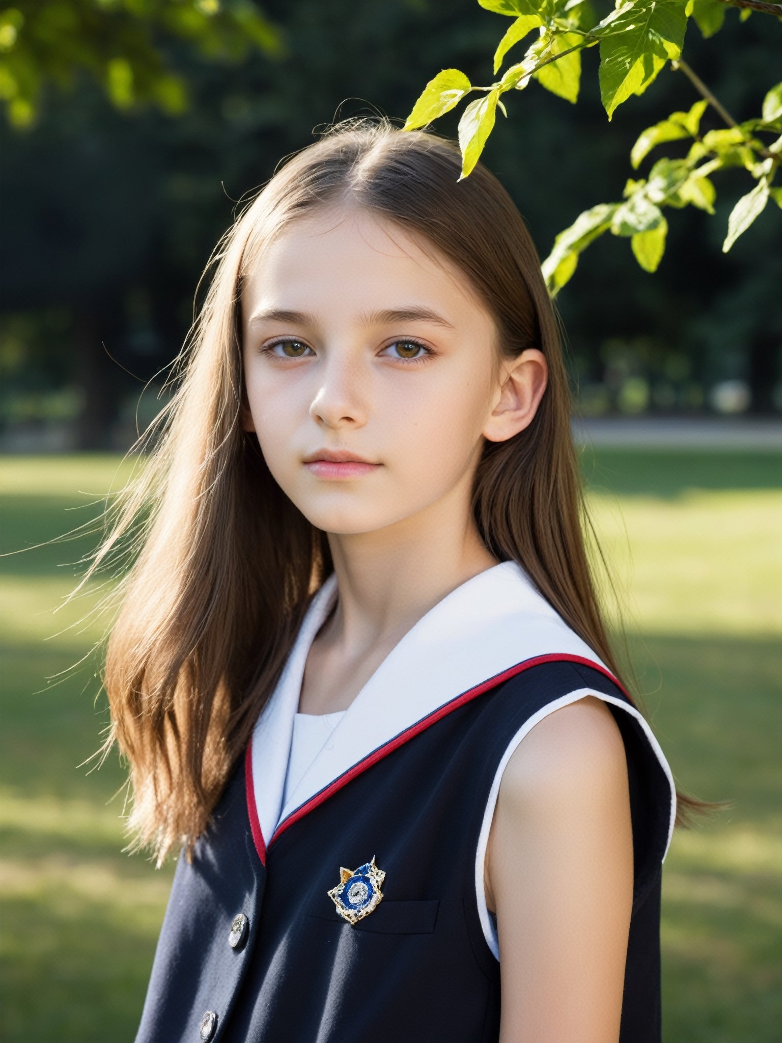 a half-body portrait photo of an East-European fashion model, (age 12-15:2), (dynamic pose:1.3), upper body, close up, gorgeous face, highly detailed face, smooth soft skin, looking at viewer, (from side:0.9), make up, (pubescent girl, short girl, slender girl, very thin:1.2), (summer school uniform:1.1), (outdoors, in deserted park, in the morning, dark background:1.4)