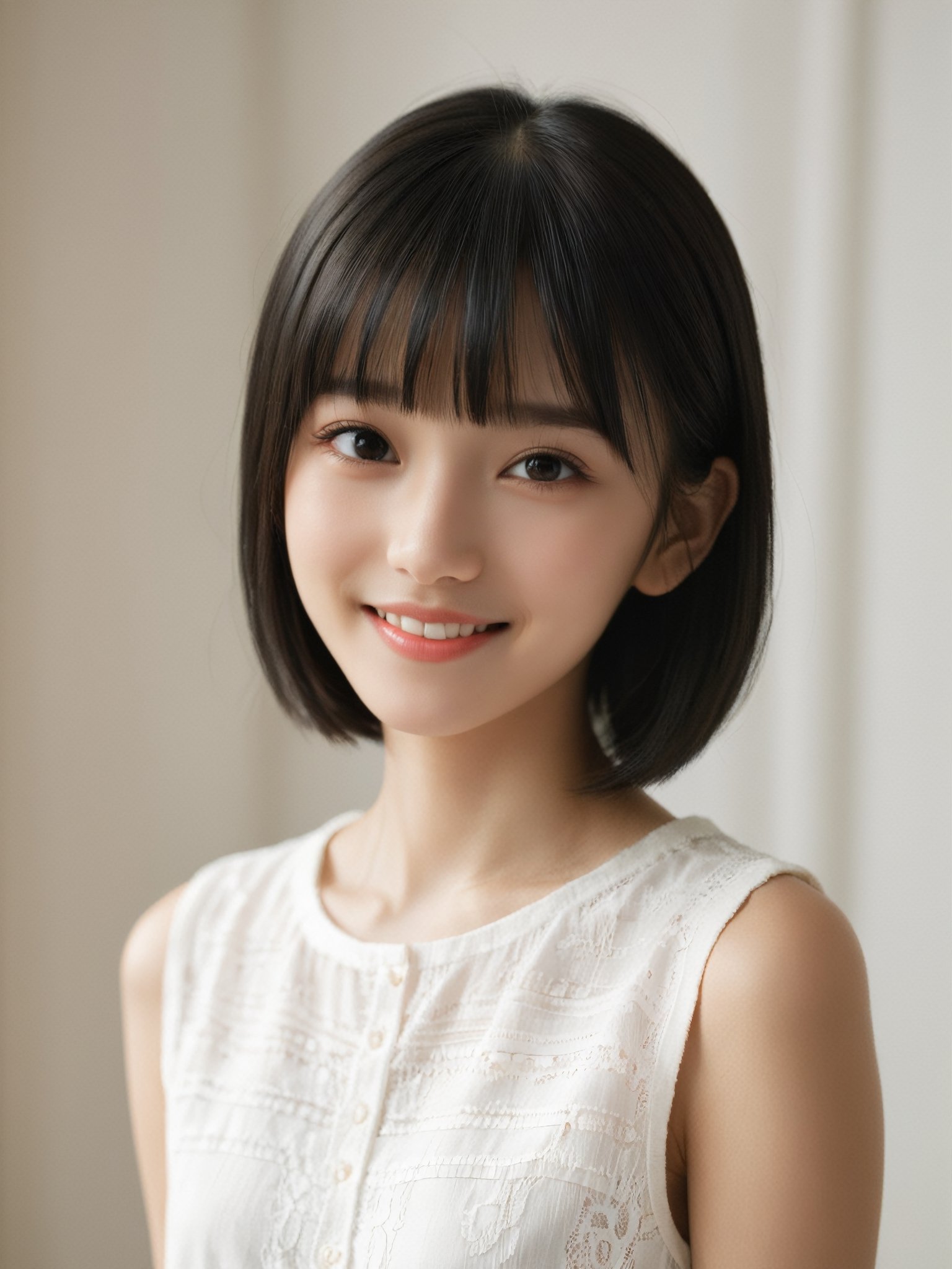 A photorealistic digital portrait of a young girl with short, straight black hair, bangs, and a side part. She has a gentle smile, light makeup, and is wearing a white shirt. The background is soft-focused with a neutral color palette, emphasizing the subject. The lighting is soft and diffused, highlighting her features and giving the image a warm, inviting atmosphere.

More Reasonable Details,aesthetic portrait,FilmGirl,hubggirl