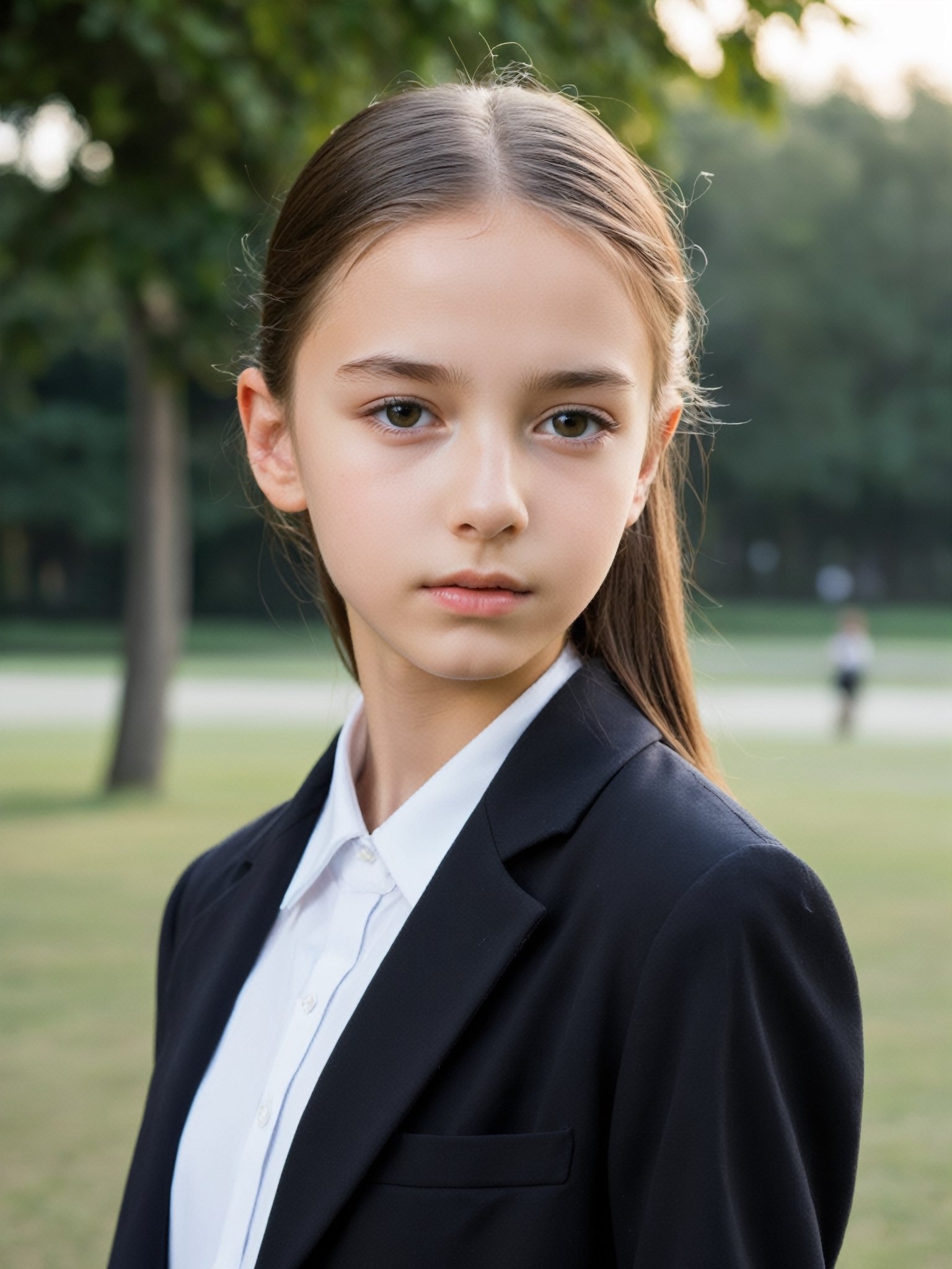a half-body portrait photo of an East-European fashion model, (age 12-15:2), (dynamic pose:1.3), upper body, close up, gorgeous face, highly detailed face, smooth soft skin, looking at viewer, (from side:0.9), make up, (pubescent girl, short girl, slender girl, very thin:1.2), (summer school uniform:1.1), (outdoors, in deserted park, in the morning, dark background:1.4)