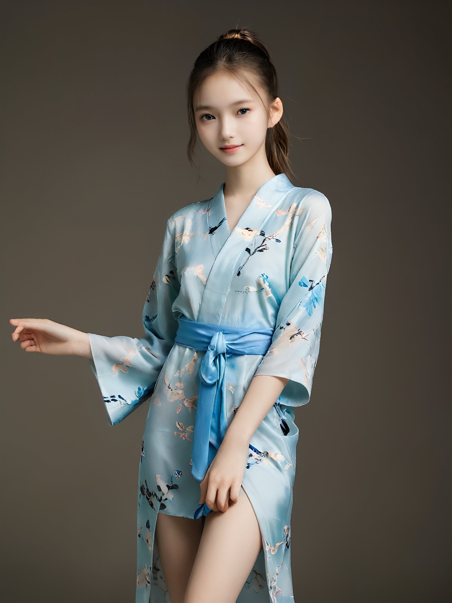 A photorealistic analog portrait of a young female model. (age 12-15, preteen girl, pretty girl:1). (nude, naked body, no public hair:1.6), (slender girl, skinny body, very thin:1.3), She has a gentle smile, light makeup, and is (wearing an erotic dropped kimono dress:1.2). (beautiful hairstyle, ponytail:1.2),(high heels, dancing:0.8), The background is soft-focused with a neutral color palette, emphasizing the subject. The lighting is soft and diffused, highlighting her features and giving the image a warm, inviting atmosphere. (blank background:1.2)

More Reasonable Details,aesthetic portrait,FilmGirl,hubggirl,more detail XL,More Reasonable Details