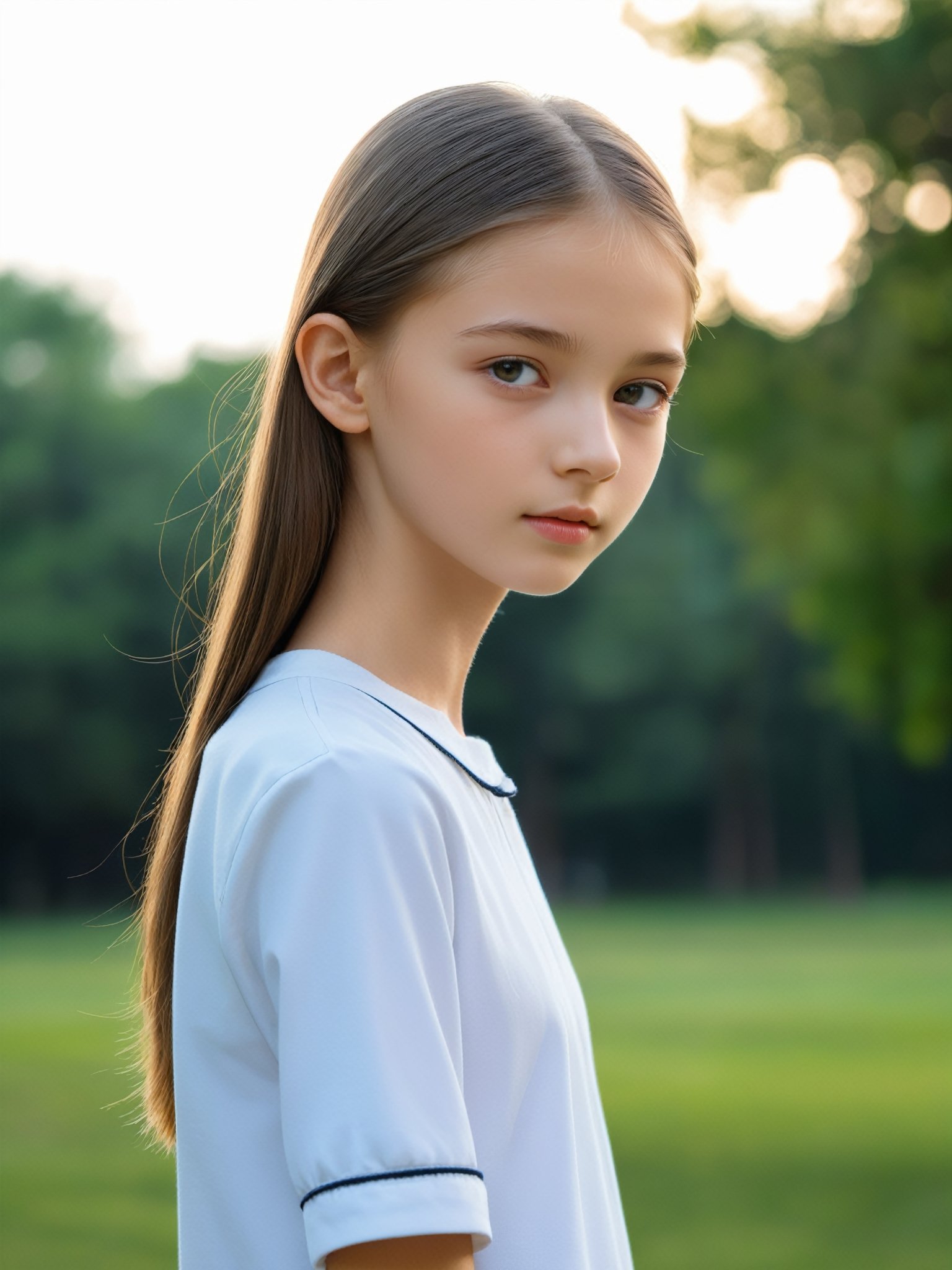 a half-body portrait photo of a Russian fashion model, (age 12-15:2), (dynamic pose:1.3), upper body, close up, gorgeous face, highly detailed face, smooth soft skin, looking at viewer, (from side:0.9), make up, (pubescent girl, short girl, slender girl, very thin:1.2), (summer school uniform:1.1), (outdoors, in deserted park, in the morning, dark background:1.4)