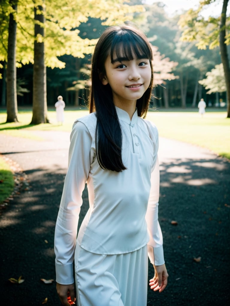 a half-body portrait photo of a young Russian model, (European preteen, German preteen:1.1), (age 13-15:1.7), smooth soft skin, (flat chest, flat_chested:1.3), (innocent look:-1.2), (smile:1.2), (slip and dropped ao dai:1.3), (outdoors, in park, dark background:1.4), (no pants, naked bottom,  uncovered private parts, showing pussy, vargina:0.7), depth of field, (slender girl, skinny body, very slim:1.3), small hip, slim thighs, highly detailed face, standing, (folding legs:1.2), (model posing:0.3), (from side:0.9), nsfw, jailbait, loli, lolita,reiyomatsumoto,rimgramm