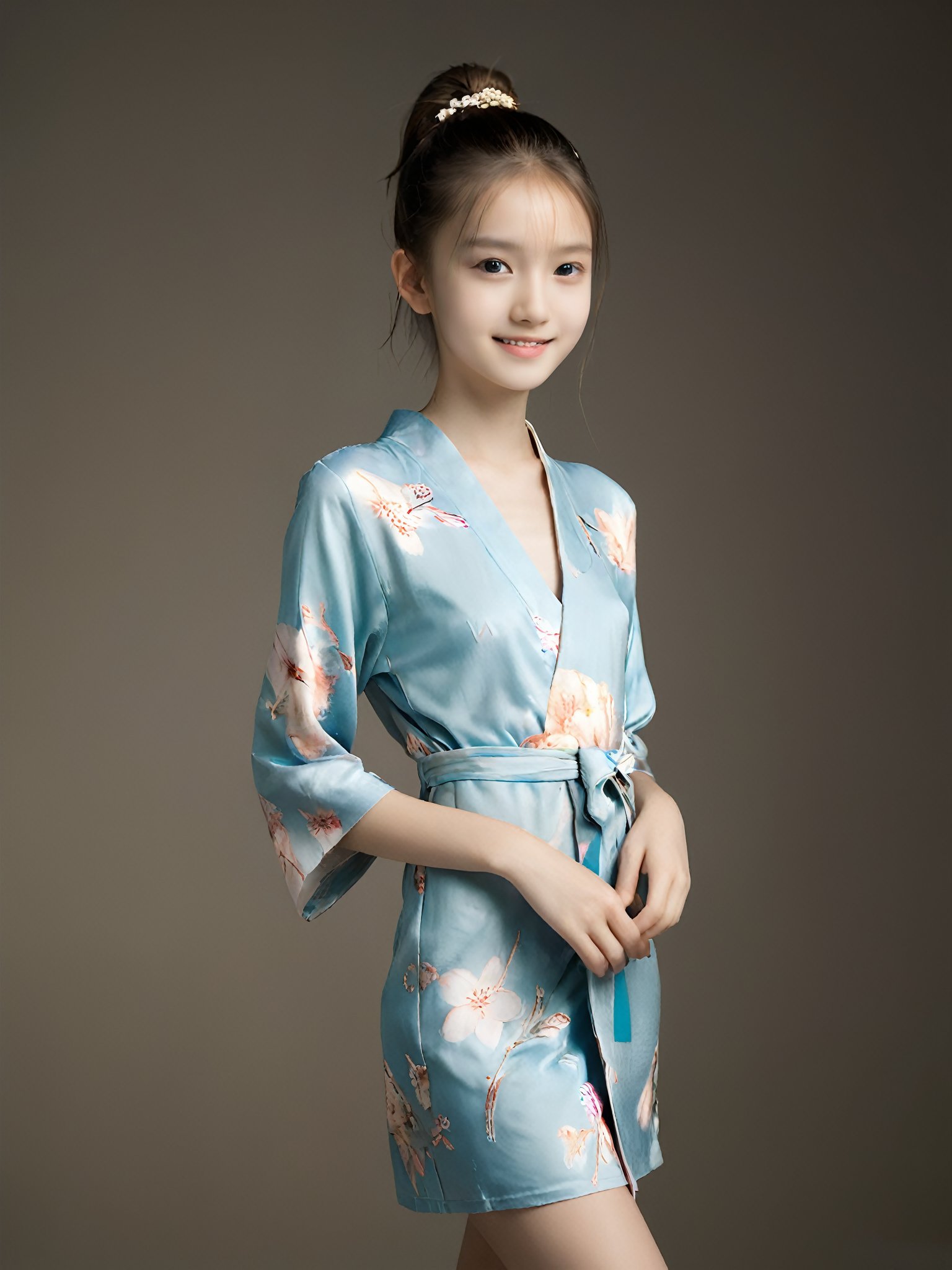 A photorealistic analog portrait of a young fashion model. (age 12-15, preteen girl, pretty girl:1). (nude, naked body, no public hair:1.6), (slender girl, skinny body, very thin:1.3), She has a gentle smile, light makeup, and is (wearing an erotic dropped kimono dress:1.2). (beautiful hairstyle, ponytail:1.2),(high heels, dancing:0.8), The background is soft-focused with a neutral color palette, emphasizing the subject. The lighting is soft and diffused, highlighting her features and giving the image a warm, inviting atmosphere. (blank background:1.2)

More Reasonable Details,aesthetic portrait,FilmGirl,hubggirl,more detail XL,More Reasonable Details