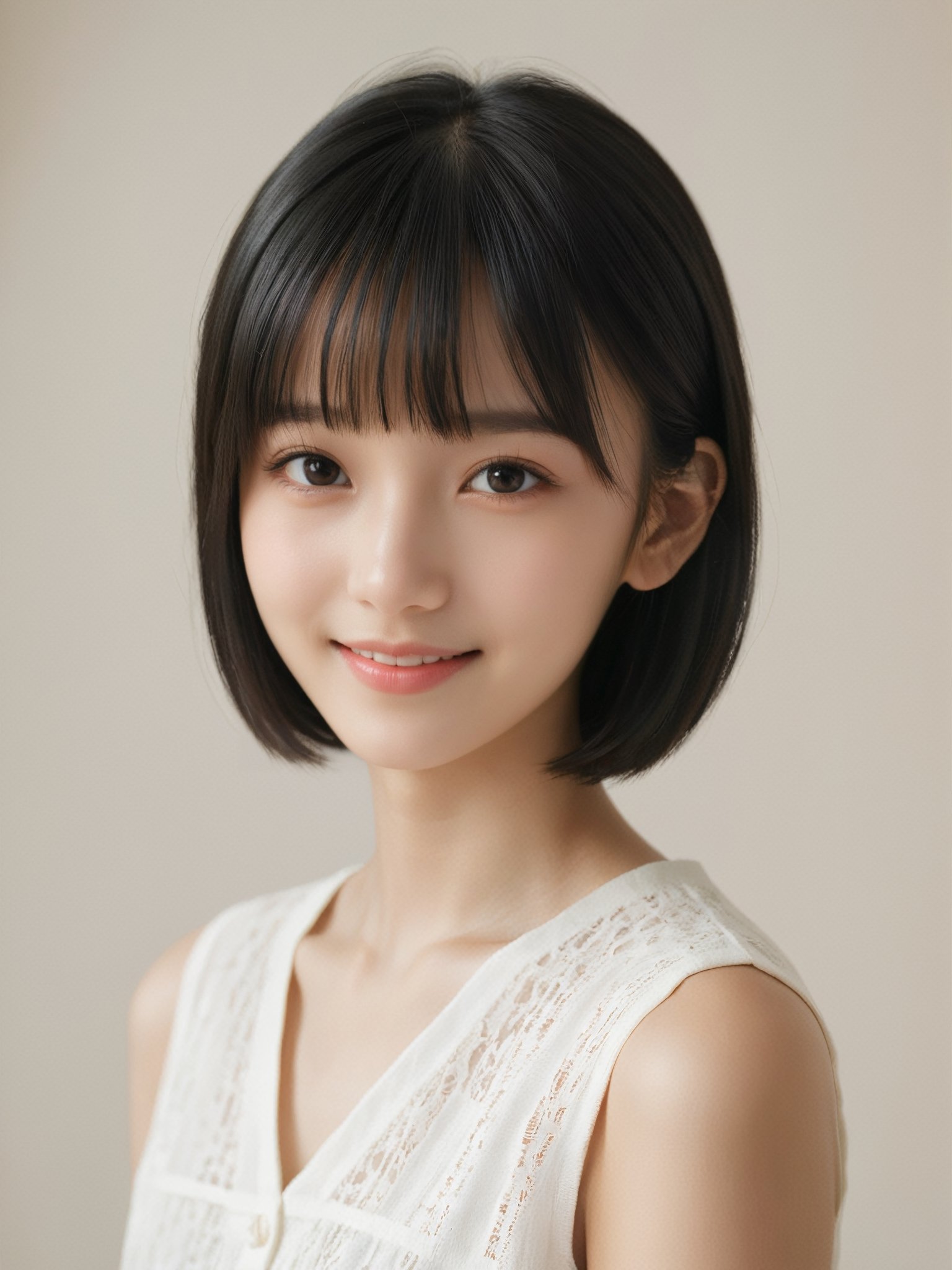 A photorealistic digital portrait of a young girl with short, straight black hair, bangs, and a side part. She has a gentle smile, light makeup, and is wearing a white shirt. The background is soft-focused with a neutral color palette, emphasizing the subject. The lighting is soft and diffused, highlighting her features and giving the image a warm, inviting atmosphere.

More Reasonable Details,aesthetic portrait,FilmGirl,hubggirl