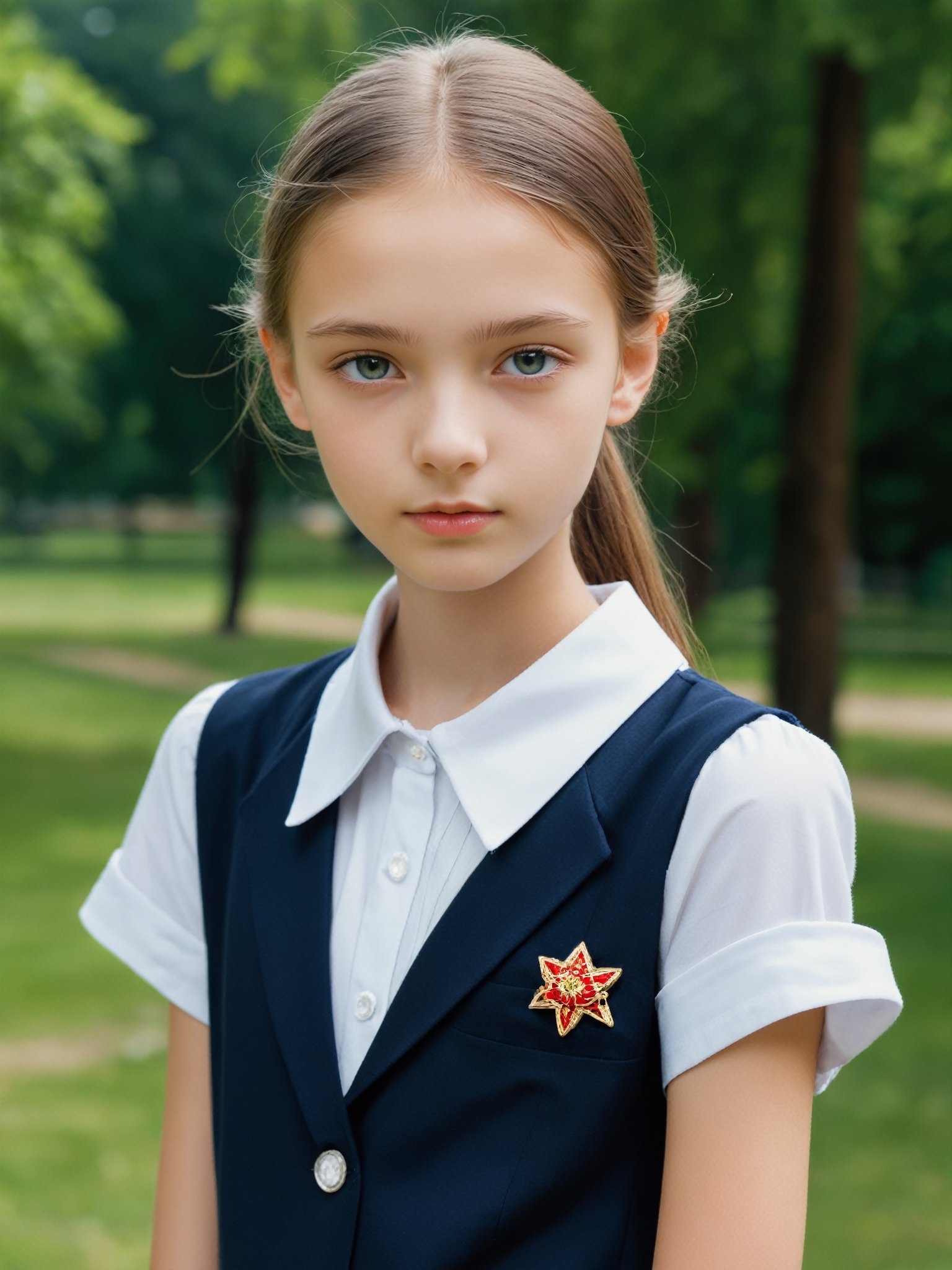 a half-body portrait photo of a Russian fashion model, (age 12-15:2), (dynamic pose:1.3), upper body, close up, gorgeous face, highly detailed face, smooth soft skin, looking at viewer, (from side:0.9), make up, (pubescent girl, short girl, slender girl, very thin:1.2), (summer school uniform:1.1), (outdoors, in deserted park, in the morning, dark background:1.4),

More Reasonable Details,