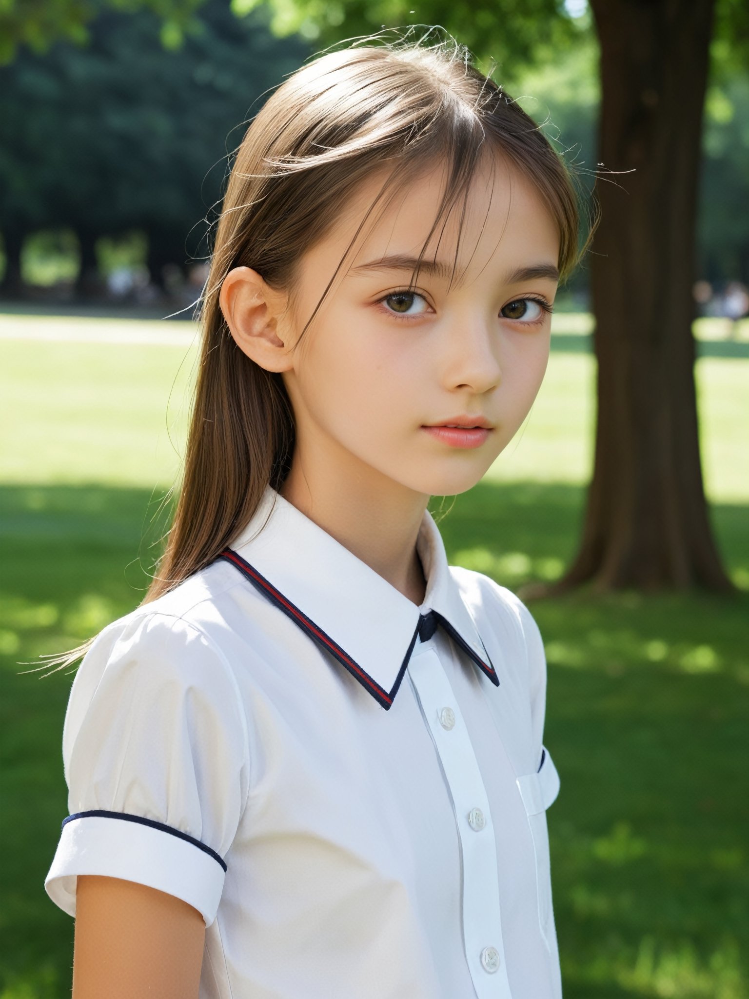 a half-body portrait photo of a fashion model, (age 12-15:1.2), (dynamic pose:1.3), upper body, close up, gorgeous face, highly detailed face, smooth soft skin, looking at viewer, (from side:0.9), make up, (pubescent girl, short girl, slender girl, very thin:1.2), (summer school uniform:1.1), (outdoors, in deserted park, in the morning, dark background:1.4),

More Reasonable Details,