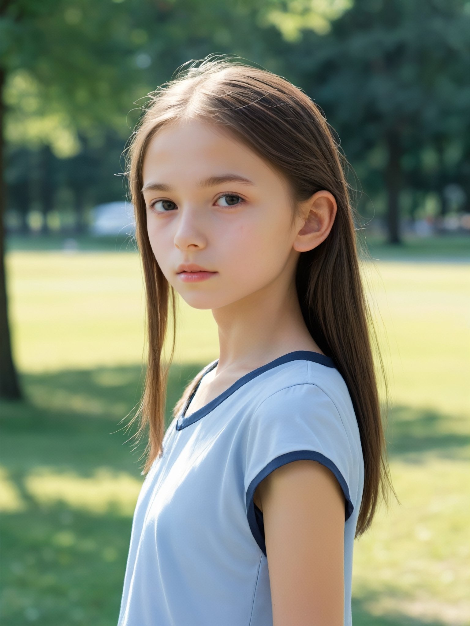 a half-body portrait photo of a Russian fashion model, (age 12-15:2), (dynamic pose:1.3), upper body, close up, gorgeous face, highly detailed face, smooth soft skin, looking at viewer, (from side:0.9), make up, (pubescent girl,  slender girl, skinny body, very thin:1.2), (summer school uniform:1.1), (outdoors, in deserted park, in the morning, dark background:1.4)