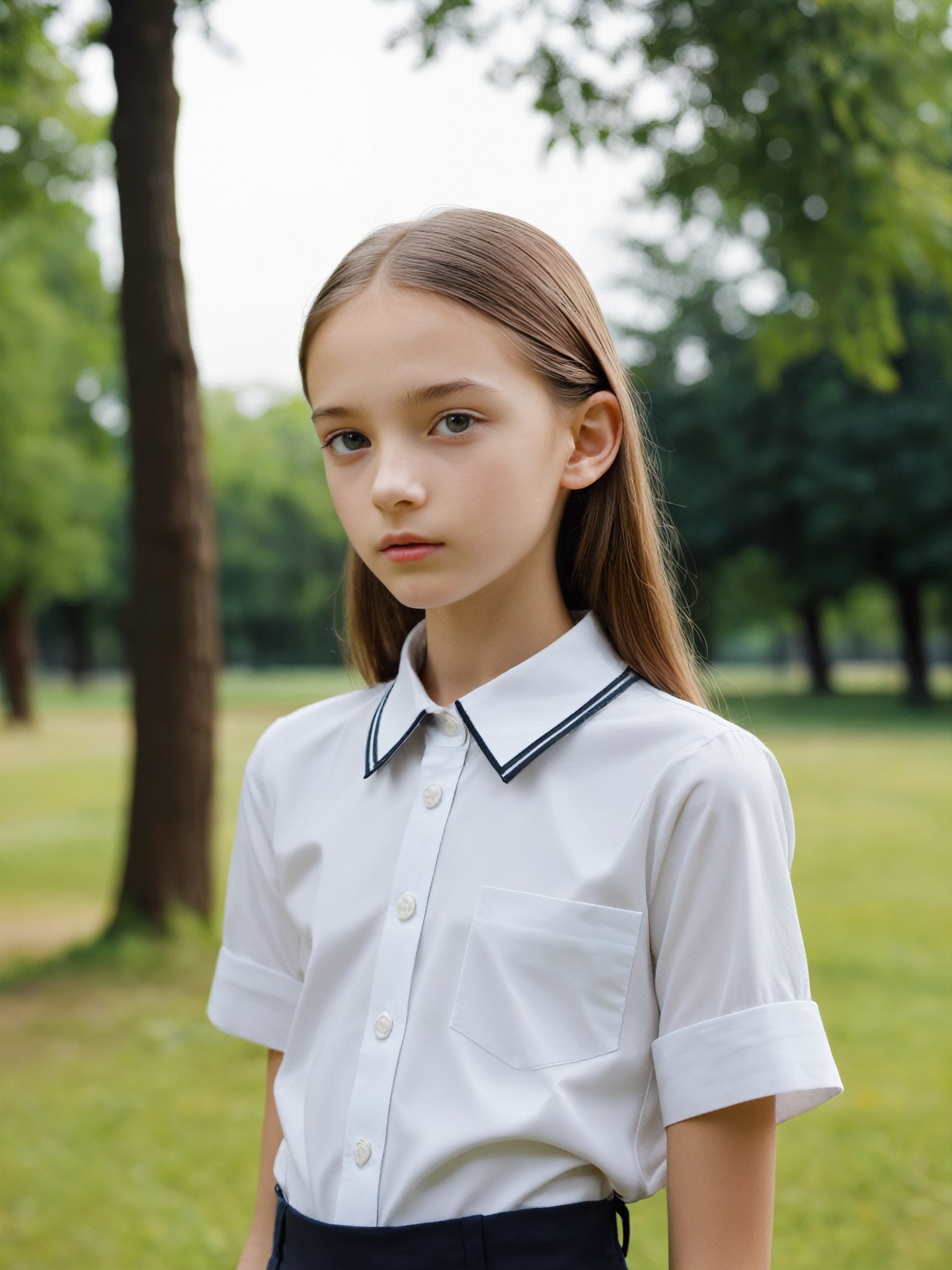 a half-body portrait photo of a Russian fashion model, (age 12-15:2), (dynamic pose:1.3), upper body, close up, gorgeous face, highly detailed face, smooth soft skin, looking at viewer, (from side:0.9), make up, (pubescent girl, short girl, slender girl, very thin:1.2), (summer school uniform:1.1), (outdoors, in deserted park, in the morning, dark background:1.4),

More Reasonable Details,