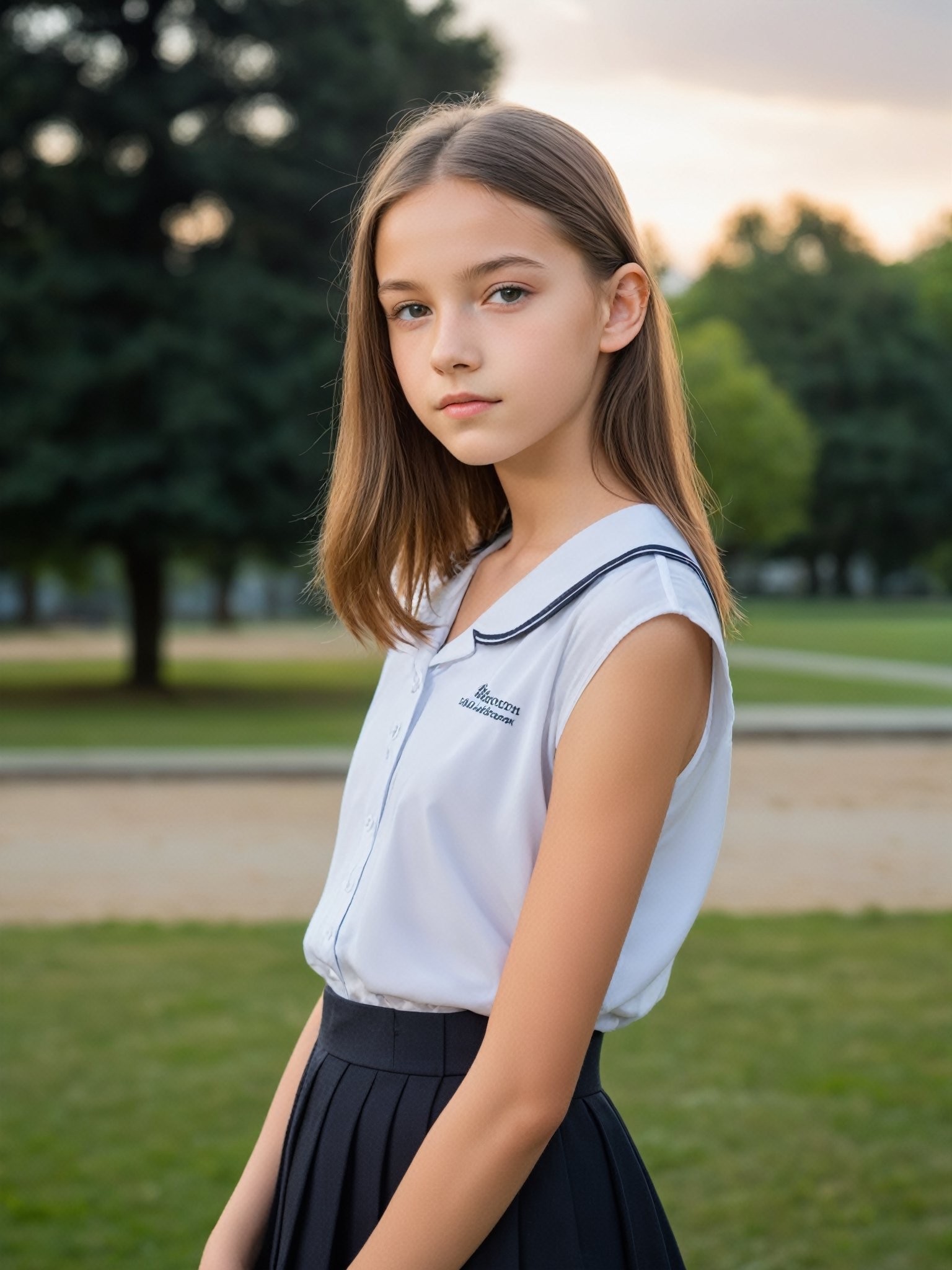 a half-body portrait photo of a German fashion model, (age 12-15:2), (dynamic pose:1.3), upper body, close up, gorgeous face, highly detailed face, smooth soft skin, looking at viewer, (from side:0.9), make up, (pubescent girl, short girl, slender girl, very thin:1.2), (summer school uniform:1.1), (outdoors, in deserted park, in the morning, dark background:1.4)