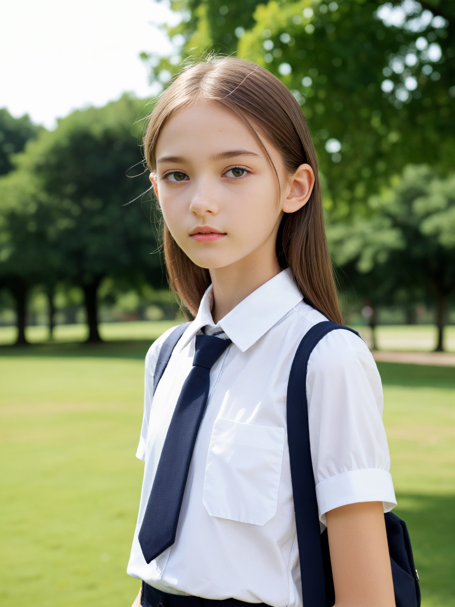 a half-body portrait photo of a fashion model, (age 12-15:1.2), (dynamic pose:1.3), upper body, close up, gorgeous face, highly detailed face, smooth soft skin, looking at viewer, (from side:0.9), make up, (pubescent girl, short girl, slender girl, very thin:1.2), (summer school uniform:1.1), (outdoors, in deserted park, in the morning, dark background:1.4),

More Reasonable Details,