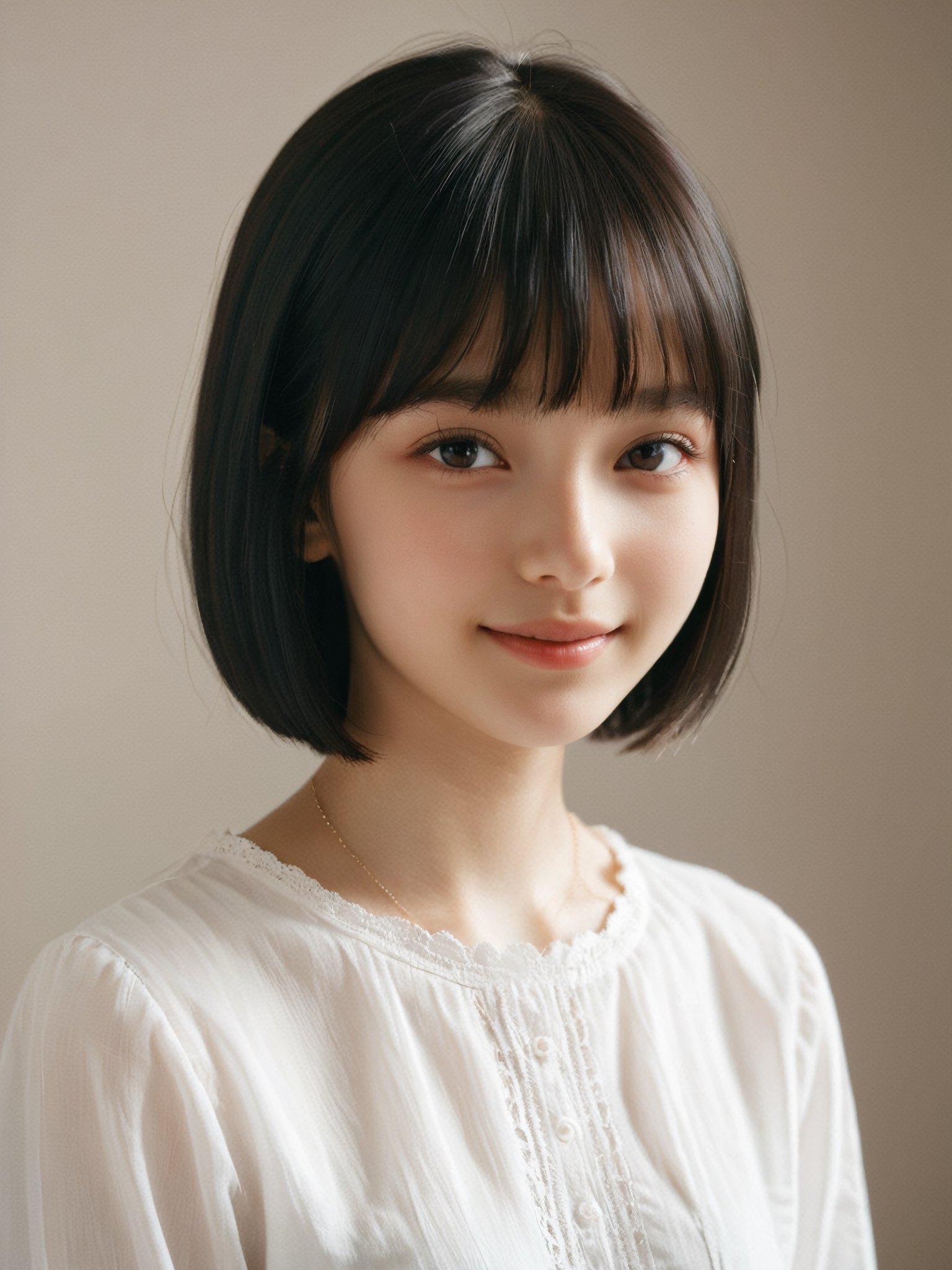 A photorealistic digital portrait of a Russian female  with short, straight black hair, bangs, and a side part. (Age 15-17:1.8). She has a gentle smile, light makeup, and is wearing a white shirt. The background is soft-focused with a neutral color palette, emphasizing the subject. The lighting is soft and diffused, highlighting her features and giving the image a warm, inviting atmosphere.

More Reasonable Details,aesthetic portrait,FilmGirl,hubggirl