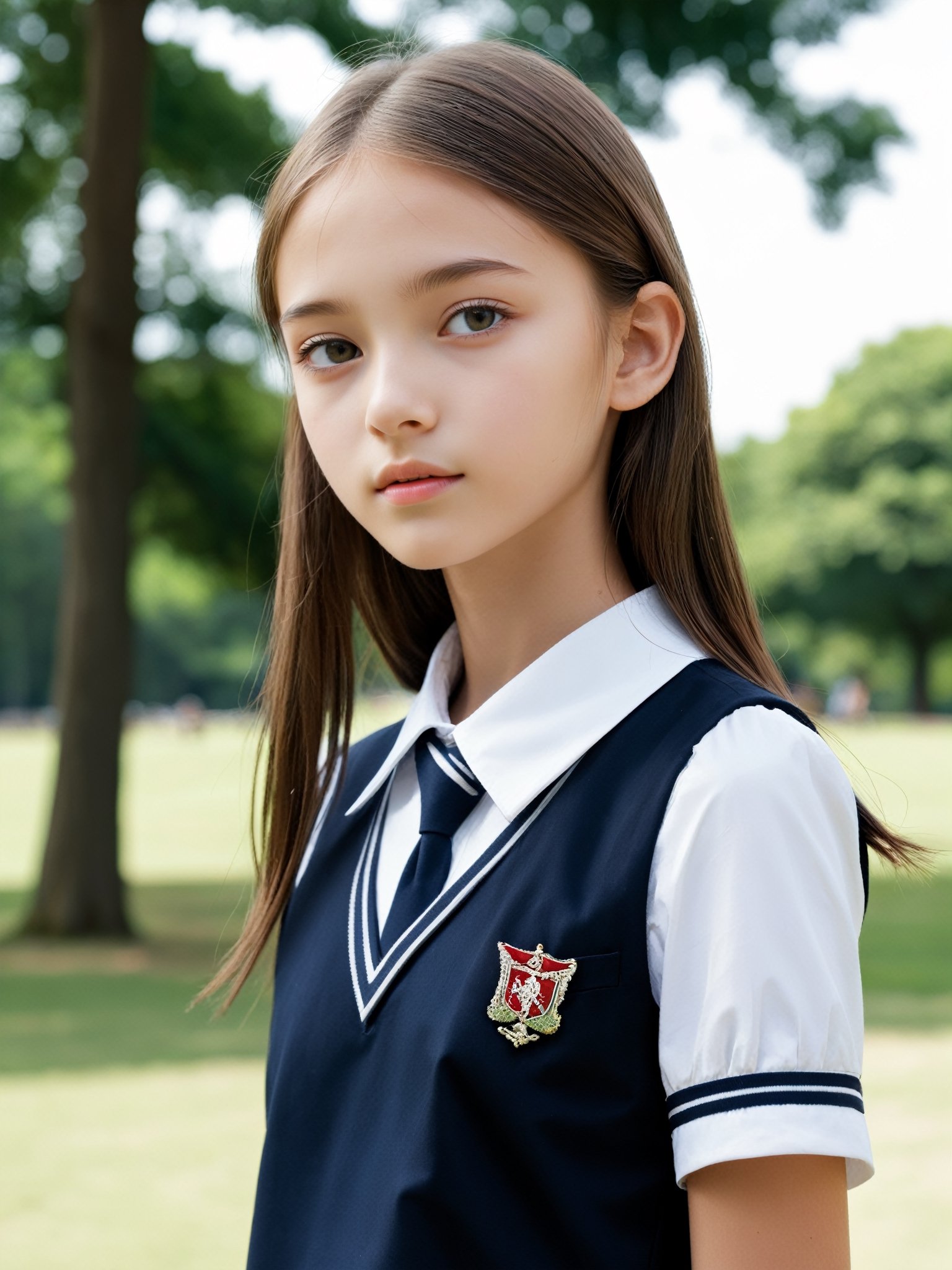 a half-body portrait photo of a fashion model, (age 12-15:1.2), (dynamic pose:1.3), upper body, close up, gorgeous face, highly detailed face, smooth soft skin, looking at viewer, (from side:0.9), make up, (pubescent girl, short girl, slender girl, very thin:1.2), (summer school uniform:1.1), (outdoors, in deserted park, in the morning, dark background:1.4),

More Reasonable Details,