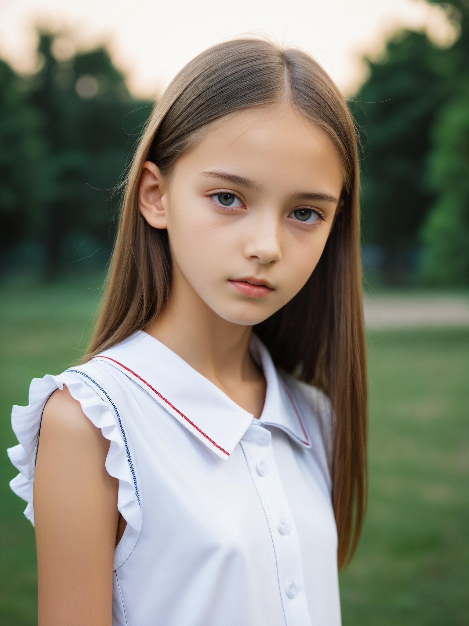 a half-body portrait photo of a Russian fashion model, (age 12-15:2), (dynamic pose:1.3), upper body, close up, gorgeous face, highly detailed face, smooth soft skin, looking at viewer, (from side:0.9), make up, (pubescent girl, short girl, slender girl, very thin:1.2), (summer school uniform:1.1), (outdoors, in deserted park, in the morning, dark background:1.4)