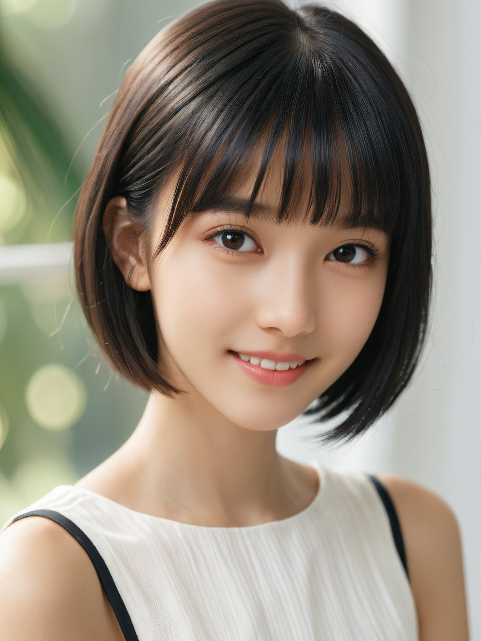 A photorealistic digital portrait of a young girl with short, straight black hair, bangs, and a side part. She has a gentle smile, light makeup, and is wearing a white shirt. The background is soft-focused with a neutral color palette, emphasizing the subject. The lighting is soft and diffused, highlighting her features and giving the image a warm, inviting atmosphere.

More Reasonable Details,aesthetic portrait,FilmGirl,hubggirl