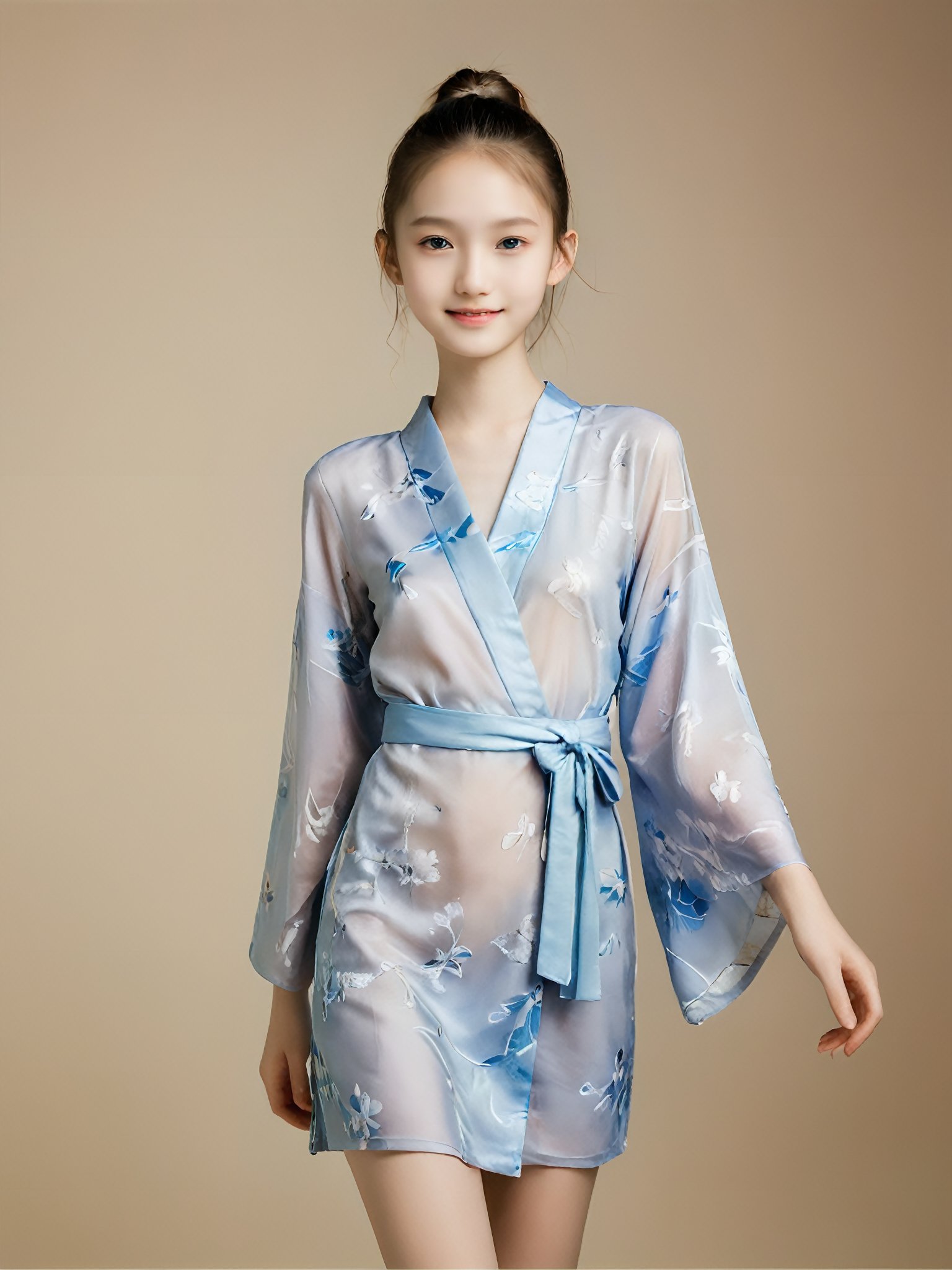 A photorealistic analog portrait of a young fashion model. (age 12-15, preteen girl, pretty girl:1). (nude, naked body, no public hair:1.6), (slender girl, skinny body, very thin:1.3), She has a gentle smile, light makeup, and is (wearing an erotic dropped kimono dress:1.2). (beautiful hairstyle, ponytail:1.2),(high heels, dancing:0.8), The background is soft-focused with a neutral color palette, emphasizing the subject. The lighting is soft and diffused, highlighting her features and giving the image a warm, inviting atmosphere. (blank background:1.2)

More Reasonable Details,aesthetic portrait,FilmGirl,hubggirl,more detail XL,More Reasonable Details