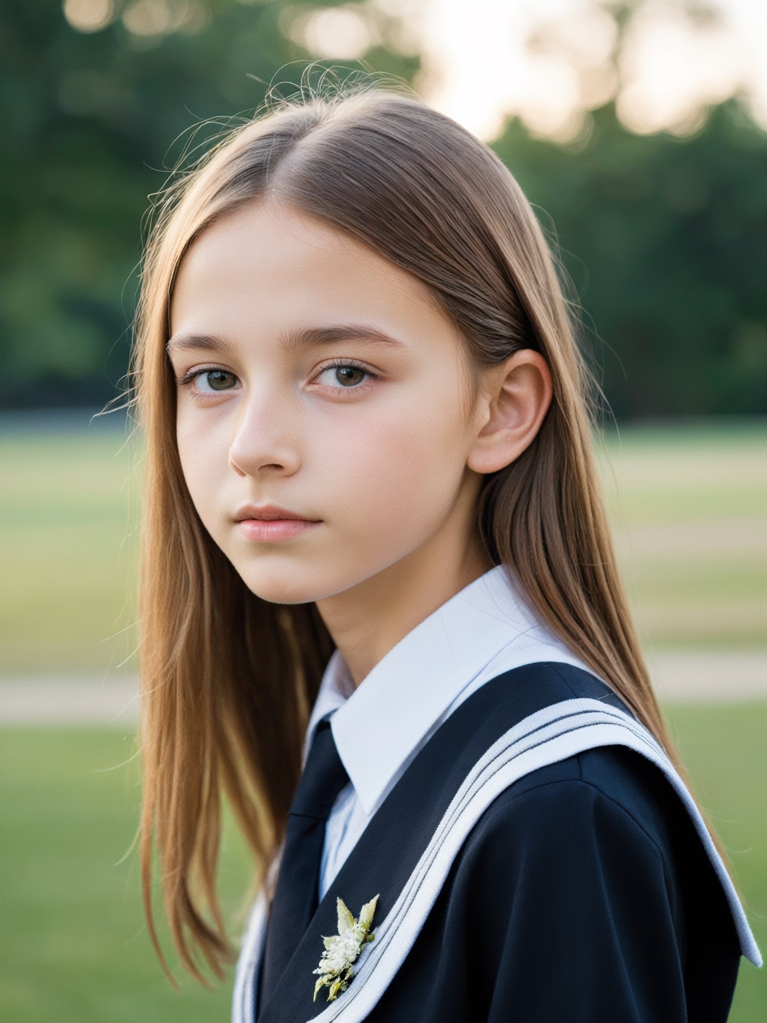 a half-body portrait photo of an East-European fashion model, (age 12-15:2), (dynamic pose:1.3), upper body, close up, gorgeous face, highly detailed face, smooth soft skin, looking at viewer, (from side:0.9), make up, (pubescent girl, short girl, slender girl, very thin:1.2), (summer school uniform:1.1), (outdoors, in deserted park, in the morning, dark background:1.4)