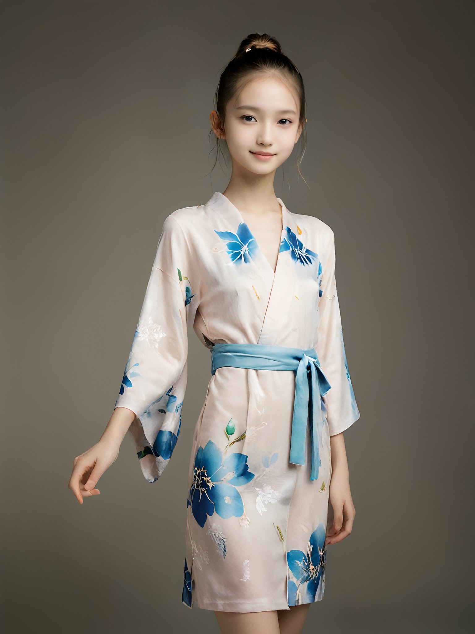 A photorealistic analog portrait of a young fashion model. (age 12-15, preteen girl, pretty girl:1). (nude, naked body, no public hair:1.6), (slender girl, skinny body, very thin:1.3), She has a gentle smile, light makeup, and is (wearing an erotic dropped kimono dress:1.2). (beautiful hairstyle, ponytail:1.2),(high heels, dancing:0.8), The background is soft-focused with a neutral color palette, emphasizing the subject. The lighting is soft and diffused, highlighting her features and giving the image a warm, inviting atmosphere. (blank background:1.2)

More Reasonable Details,aesthetic portrait,FilmGirl,hubggirl,more detail XL,More Reasonable Details