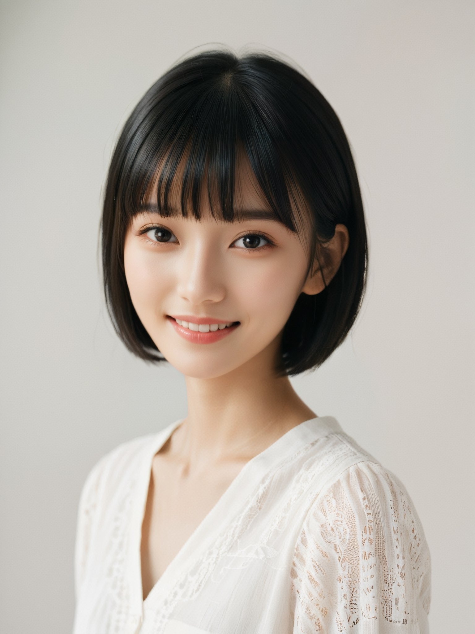 A photorealistic digital portrait of a young woman with short, straight black hair, bangs, and a side part. She has a gentle smile, light makeup, and is wearing a white shirt. The background is soft-focused with a neutral color palette, emphasizing the subject. The lighting is soft and diffused, highlighting her features and giving the image a warm, inviting atmosphere.

More Reasonable Details,aesthetic portrait,FilmGirl,hubggirl