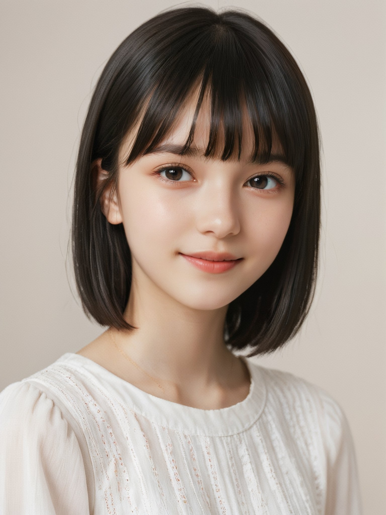 A photorealistic digital portrait of a young Russian girl with short, straight black hair, bangs, and a side part. (Age 15-17:1.8). She has a gentle smile, light makeup, and is wearing a white shirt. The background is soft-focused with a neutral color palette, emphasizing the subject. The lighting is soft and diffused, highlighting her features and giving the image a warm, inviting atmosphere.

More Reasonable Details,aesthetic portrait,FilmGirl,hubggirl