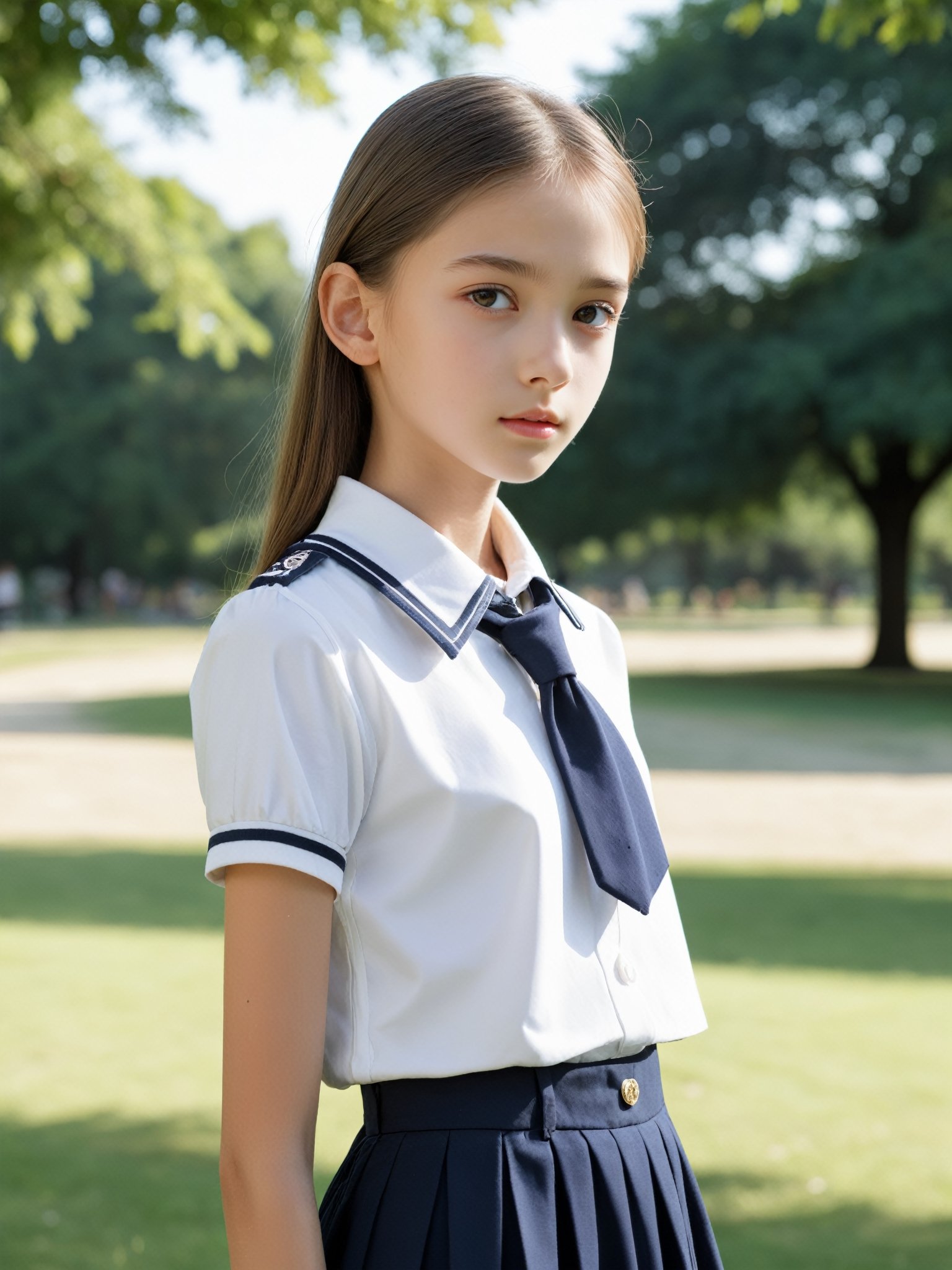 a half-body portrait photo of a fashion model, (age 12-15:1.2), (dynamic pose:1.3), upper body, close up, gorgeous face, highly detailed face, smooth soft skin, looking at viewer, (from side:0.9), make up, (pubescent girl, short girl, slender girl, very thin:1.2), (summer school uniform:1.1), (outdoors, in deserted park, in the morning, dark background:1.4),

More Reasonable Details,